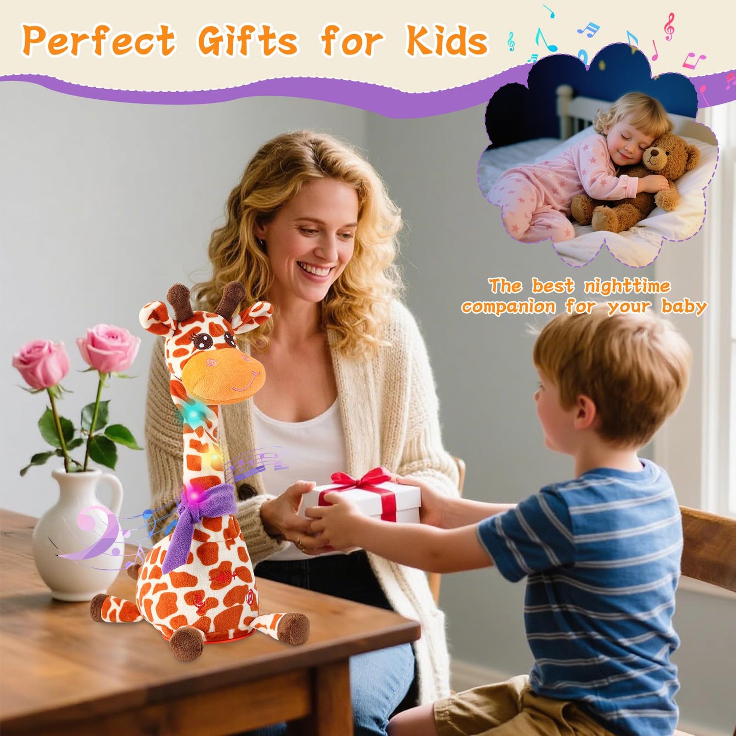 LLUKEME Dancing Talking Giraffe Plush Toy, Interactive Repeating Plush Toy that Mimics Your Words. Glowing Electric Giraffe Gifts with 10 Built-in Kids’ melodies, Ideal for Toddlers Aged 1-3.