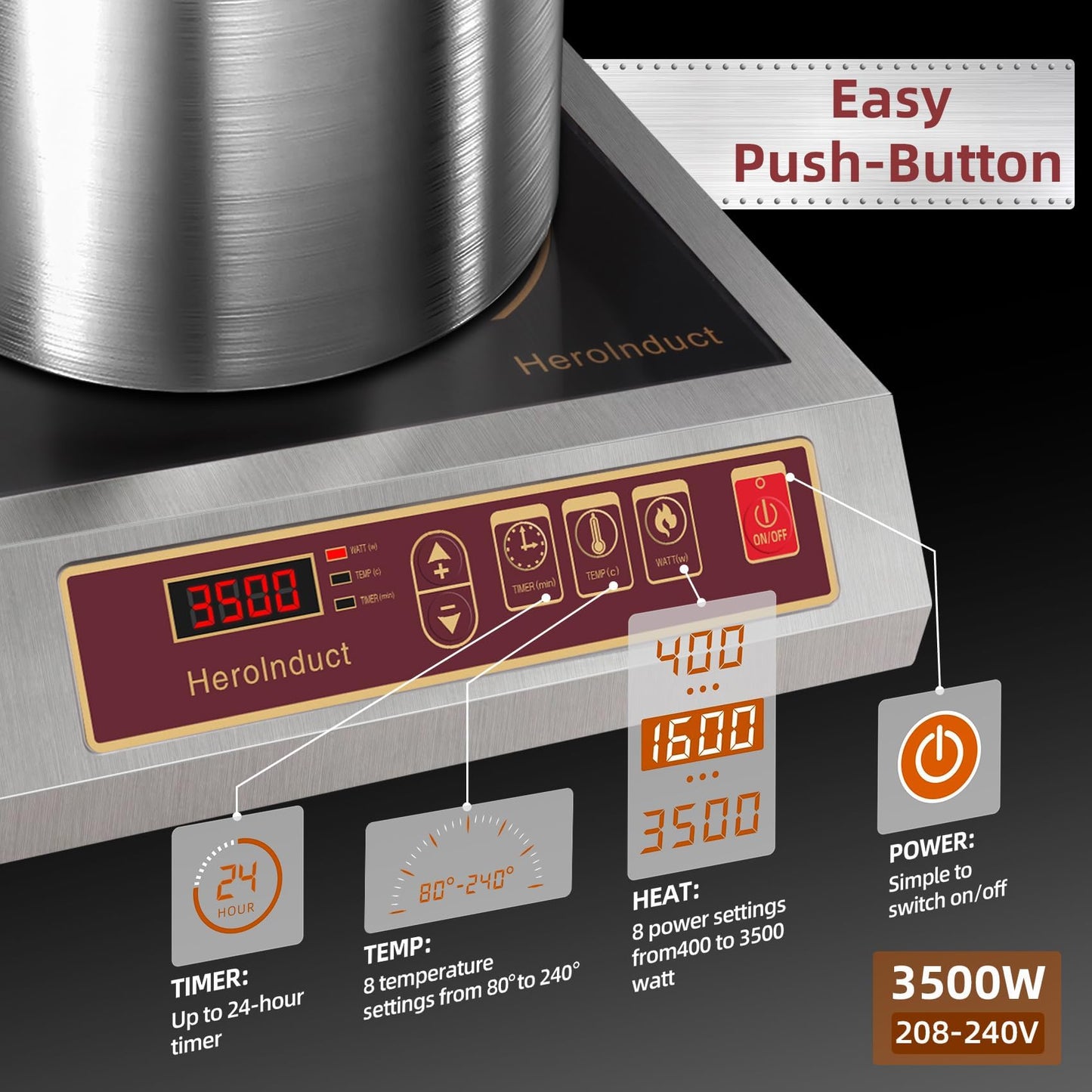 HeroInduct Portable Induction Cooktop 208-240V 3500W Commercial Range Countertop Burner Dual IGBT Modules 8 Heating Level Timer Sensor Push-Button Premium Stainless Steel Housing Ceramic Glass（Red）