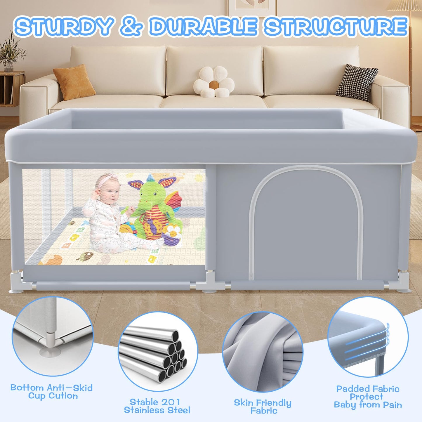 XVISHX Baby Playpen with Mat, 50x50 Inch Play Pen, Playpen for Babies and Toddlers, Baby Playard for Indoor & Outdoor Active Center Game Fence, with Skin-Friendly Fabric and Soft Breathable Mesh