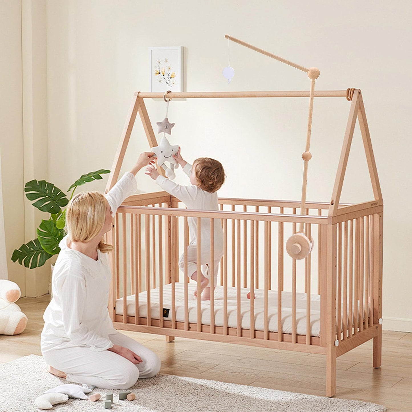 WIOSOUL Baby Crib Mobile Arm Wooden Holder with Rotating Music Box Nursery Decor Attachment Safe Anti Slip Set for Baby Girls Boys Nursery Decor