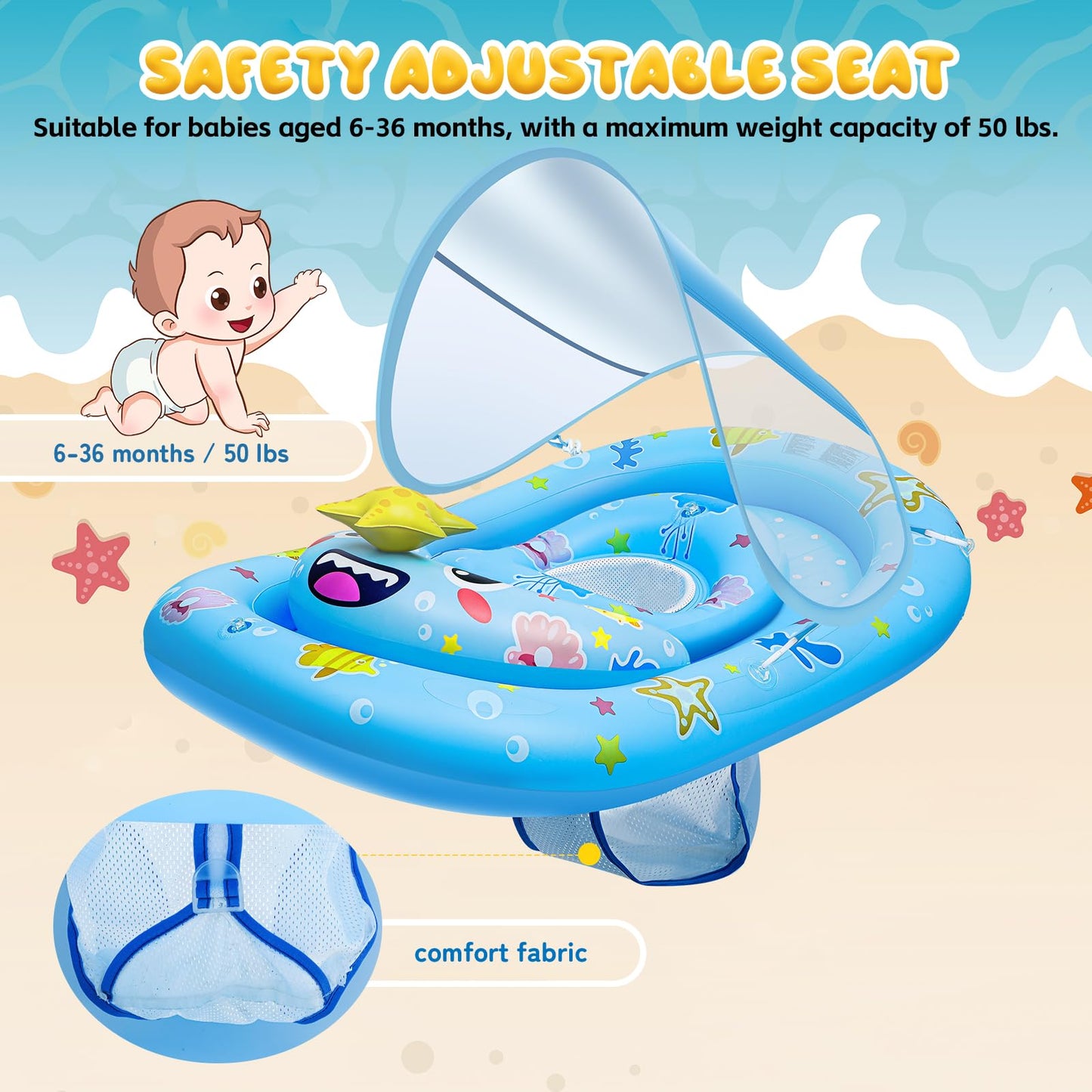 SKINFRND Baby Float with Canopy- UPF50+ Sun Protection Baby Pool Float，Inflatable Kids Pool Float with Adjustable Safety Seat for 6-36 Months Kids Swimming,with Marine Animal Floating Toys