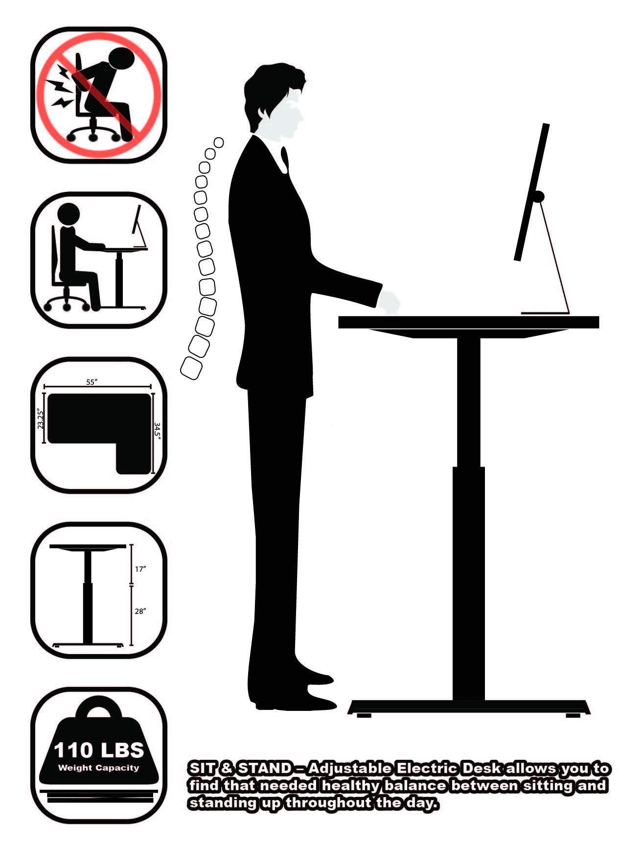 SHW 55-Inch Large Electric Height Adjustable L-Shaped Standing Desk with Right Facing Corner, White