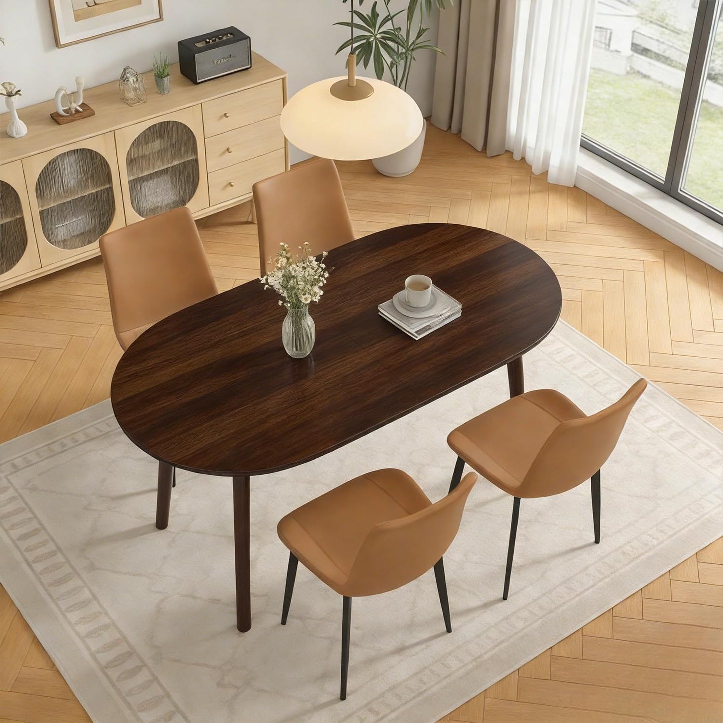 domusdisn 63" Oval Dining Table Set for 4, 5 Piece Modern Dining Table Set for Kitchen and Dining Room Furniture, Solid Wood Legs Dining Table with 4 PU Leather Chairs（Walnut Table+4 Brown Chairs