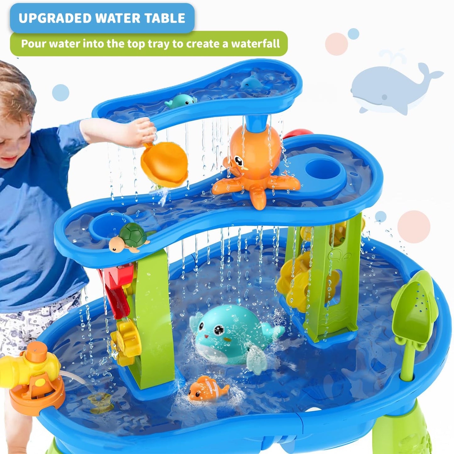 Vahlbeste Water Table for Toddlers 1-3, Kids Water Table, 3-Tier Water Tables for Toddlers 3-5 Features Swimming Dolphins & Crabs, Rain Showers Splash Pond, Activity Sensory Play Table for Boys Girls