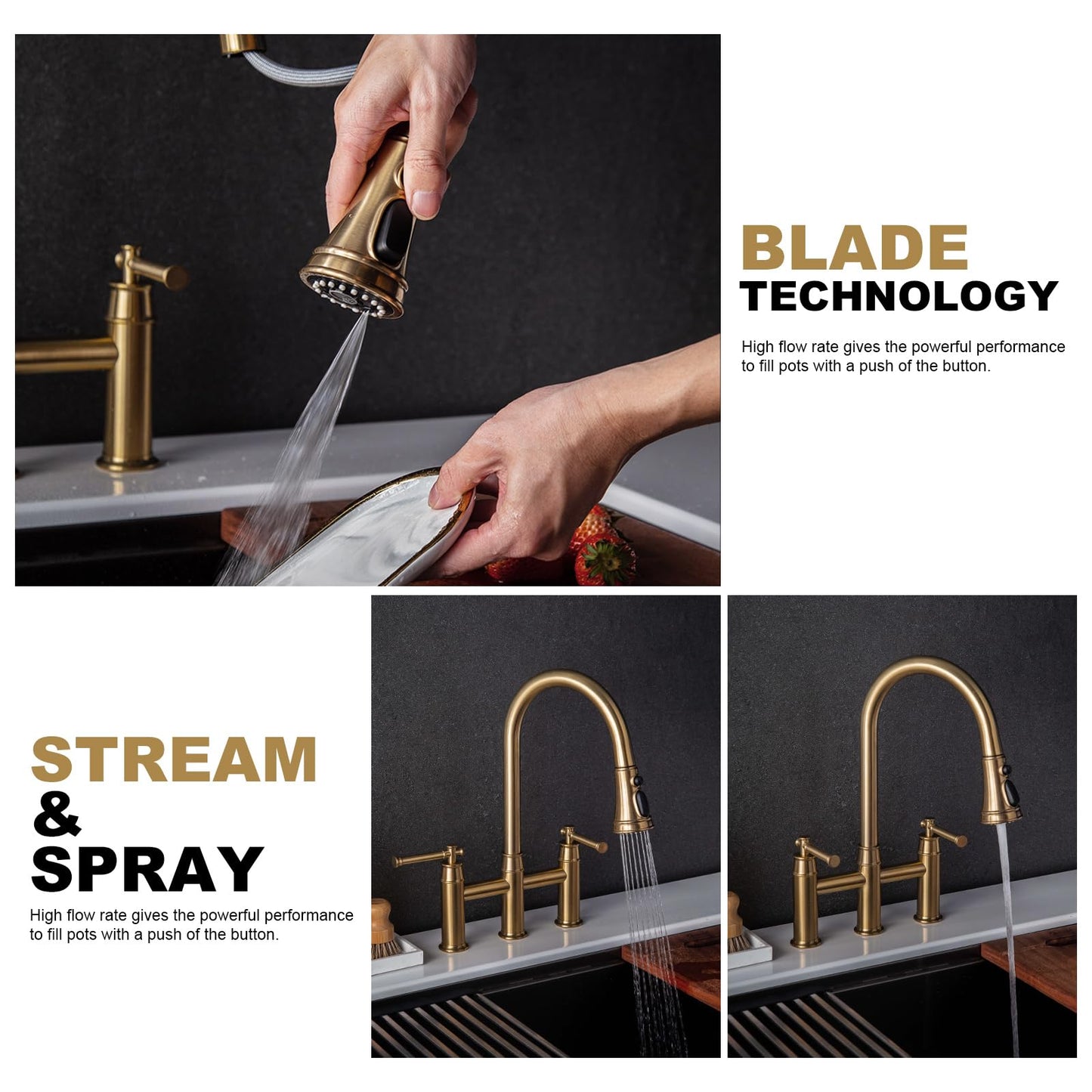 Brushed Bronze Bridge Kitchen Faucet with Pull Down Sprayer, Lava Odoro Transitional Bronze Gold Kitchen Sink Faucet 3 Hole 2 Handle Antique Brass Bridge Kitchen Faucet, KF501-BB