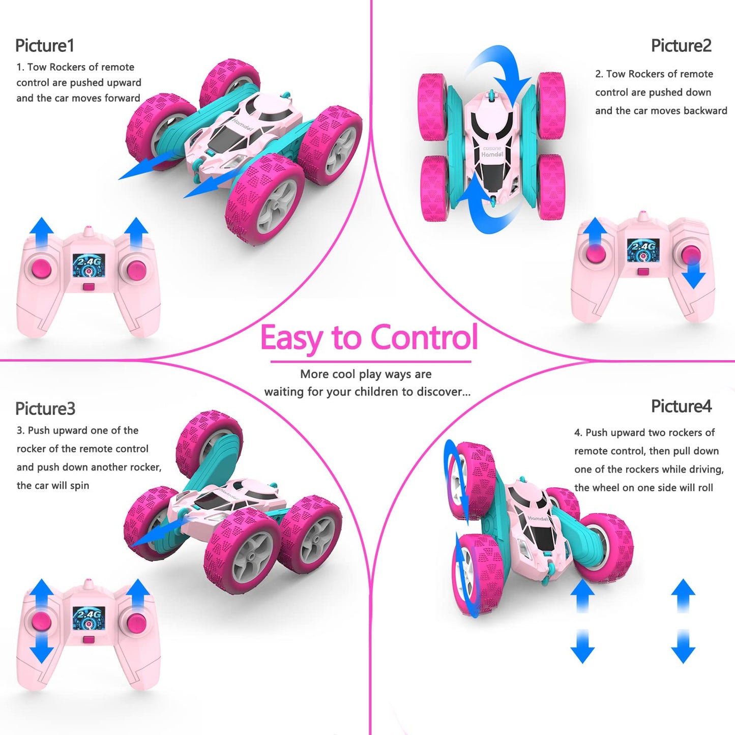 Hamdol Pink Remote Control Car for Girls, 360° Flipping Stunt Car with LED Headlights, Rechargeable 4WD Electric Toy Vehicle, Princess Gift for 6 7 8 9 10 11 Year Old Girls, Birthday & Christmas Toy