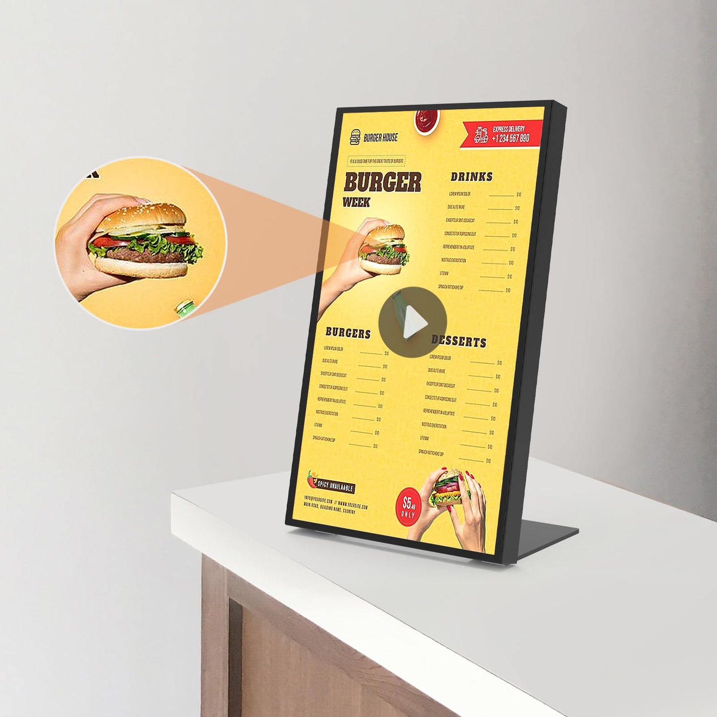 Canlarriz Digital Menu Board 18.5 inch Desktop Digital Signage Display Advertising Screen for Stores Restaurants and Commercial Display 700 nits Ultra-High Brightness Free Web Content Editor Android