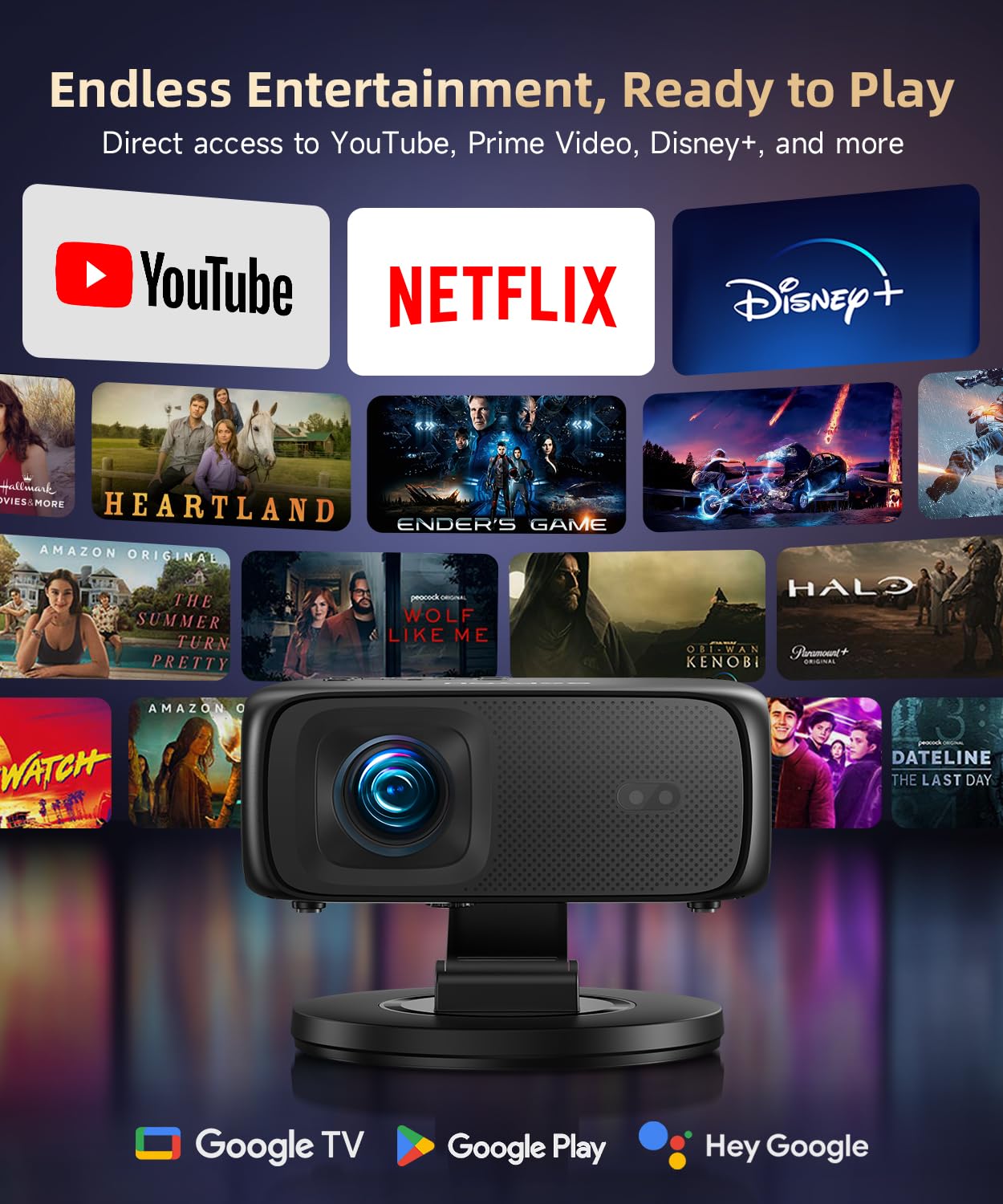 [1500ANSI/ Google TV] Smart Projector with WiFi and Bluetooth, SOPYOU Portable Outdoor Projector 4K Support, Auto Focus & Keystone, Built-in Apps, Indoor Home Theater with 360° Rotatable Stand