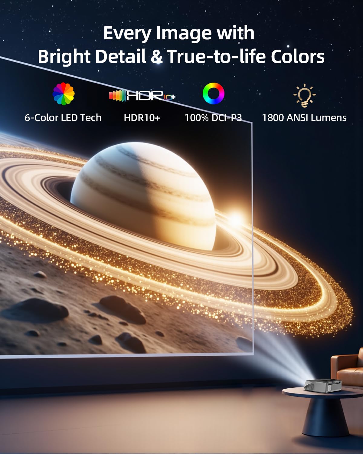 4K Auto Focus Daylight Projector Native 1080P High Brightness 2300ANSI, Smart WiFi6 Projector Ultra HD Ceiling Home Cinema, Indoor Oudoor Party Wedding with Bluetooth Streaming Apps HDMI USB Ethernet