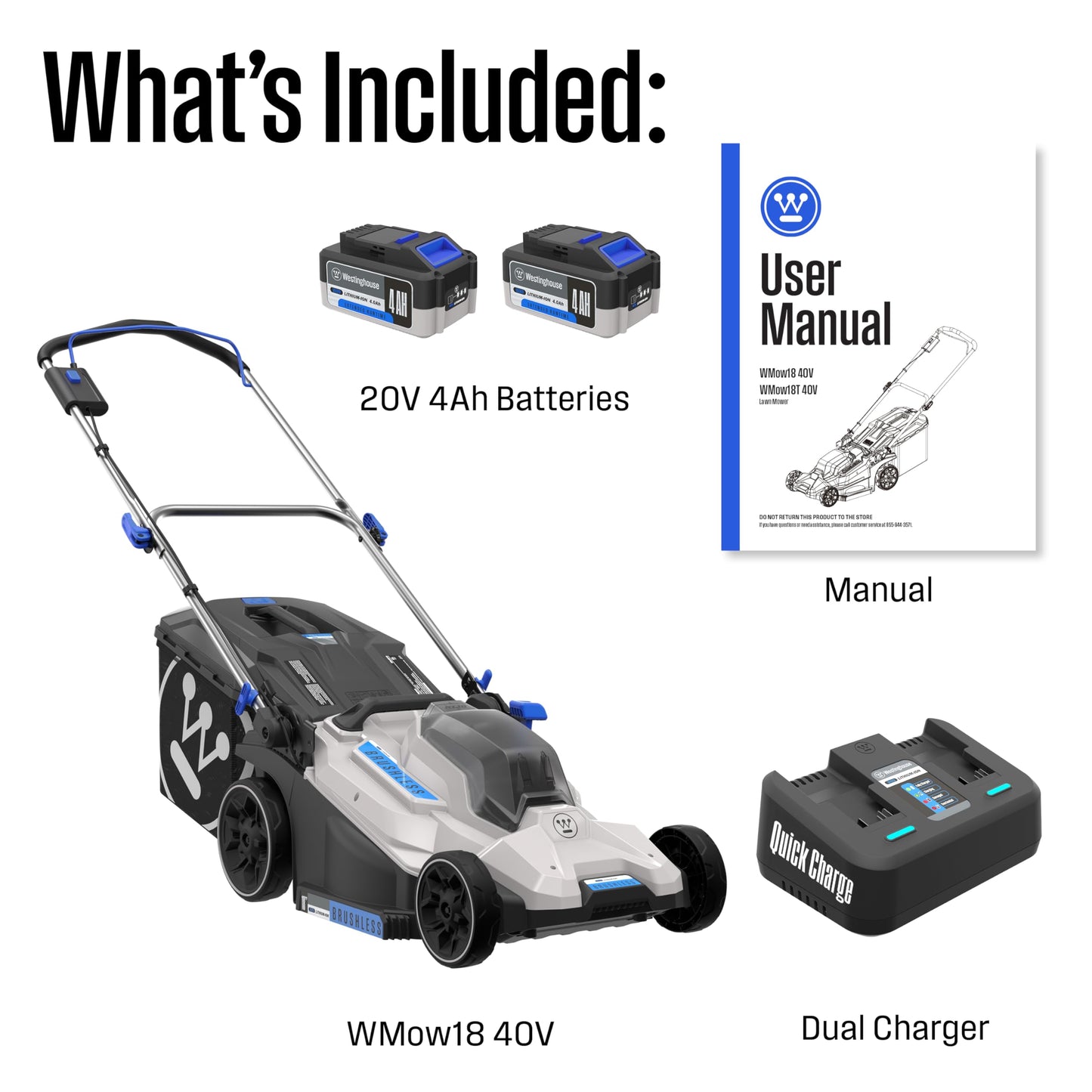 Westinghouse 40V 18 Inch Brushless Cordless (Push) Lawn Mower, 6 Height Positions, 2 4.0Ah Batteries and Charger Included