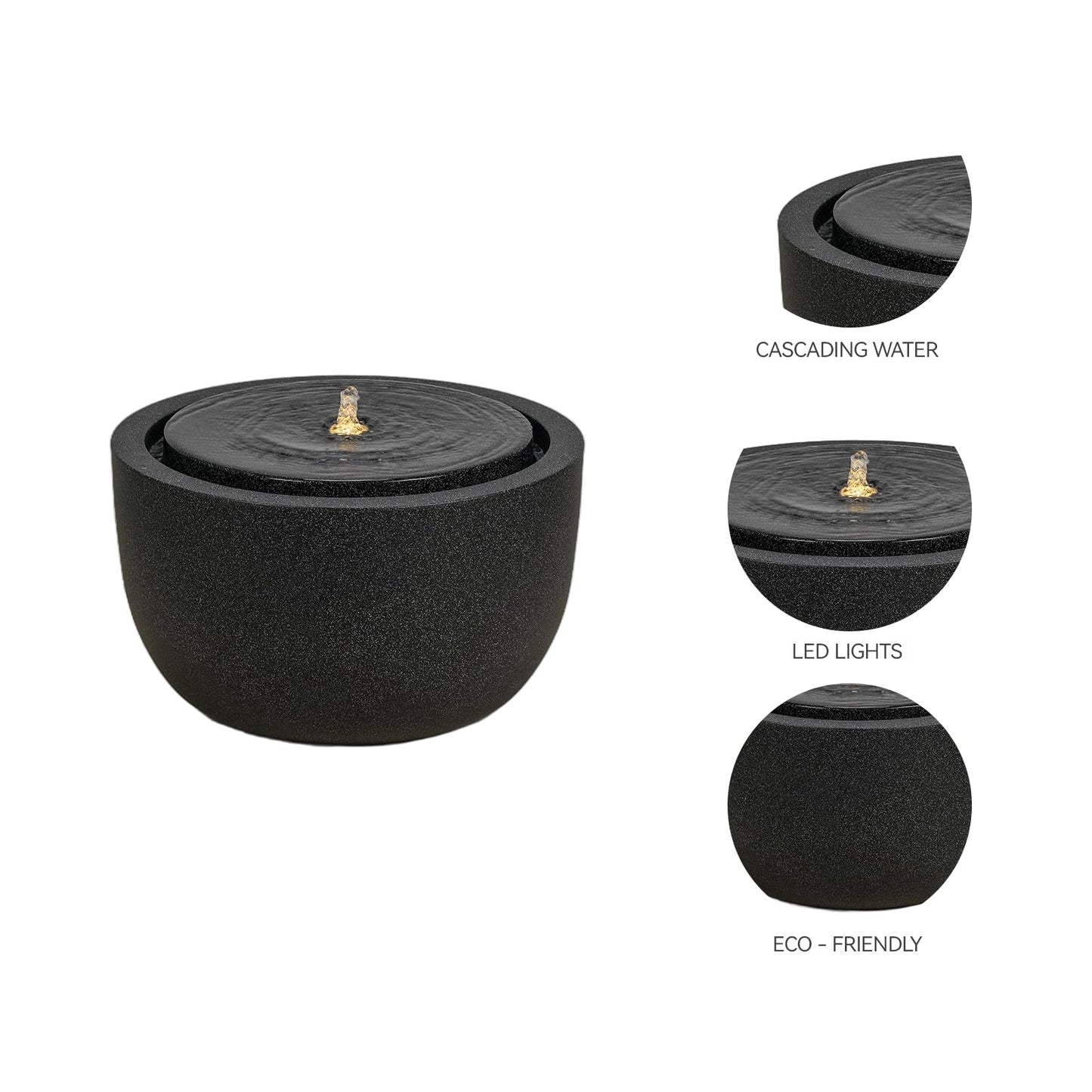 Puulye 12.60” H Outdoor Water Fountain Made with Eco-Friendly Recyclable Materials, Polyethylene Round Bubbler Water Fountain Outdoor, Garden Decor with LED Light for Patio, Porch, Backyard (12.60")