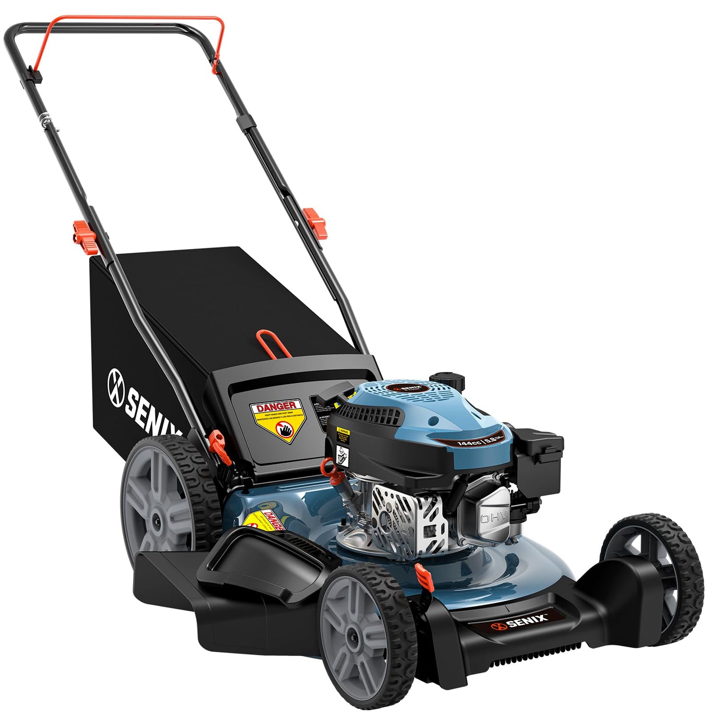 SENIX 144 cc 21-inch Push Lawn Mower, Gas-Powered 4-Stroke Engine, 3-in-1 Design, Steel Deck, 6-Level 1.25''-3.75'' Cutting Height, with 1.7 Bushels Grass Bag