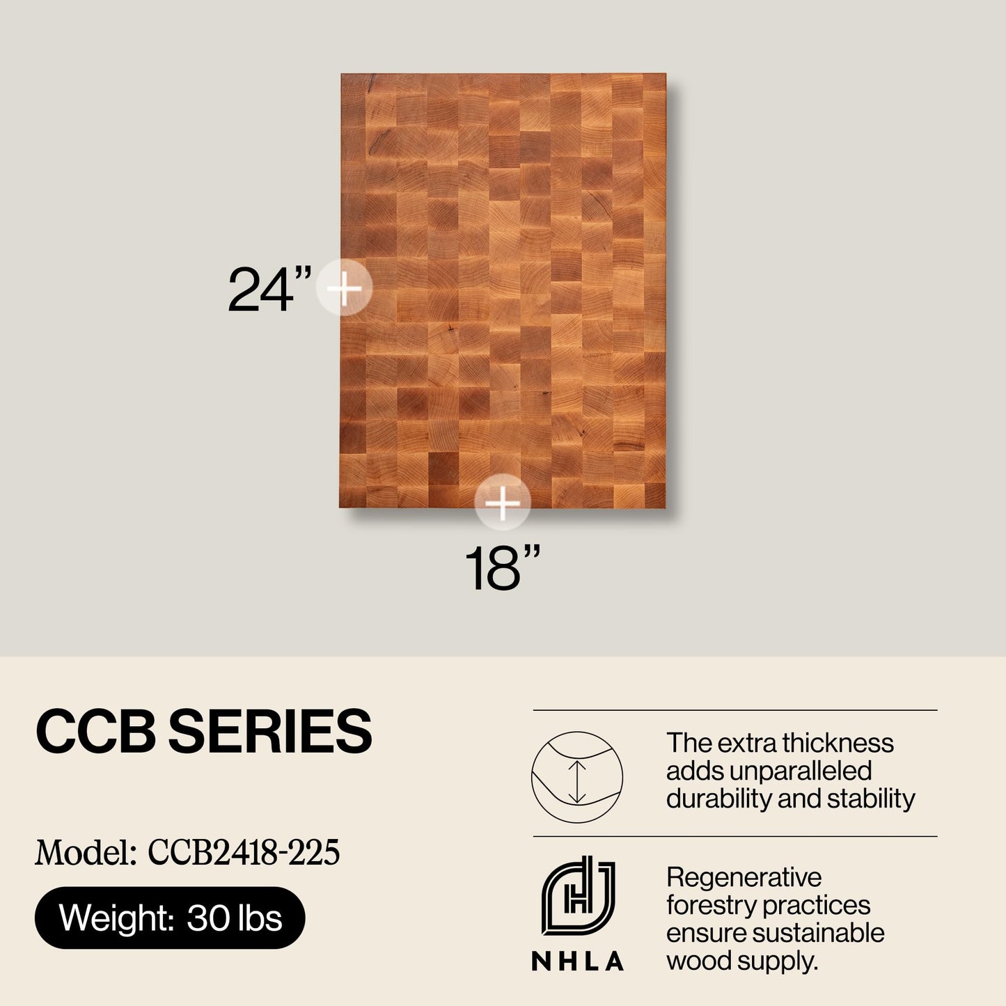 John Boos CCB Series Rectangular Wooden Maple Cutting Board 24”x18” – 2.25” Thick, 30-lb Reversible Butcher Block with End-Grain & Finger Grips – Made in the USA