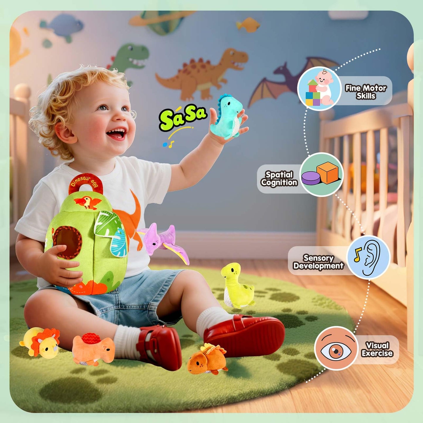 FREYBLI Baby Toys 6-12 Months - Soft Dinosaur Egg Toy with Rattle, Crinkle Paper, Squeaker, Mirror - 6 Month Old Baby Toys Boy Girl Gifts, Baby Sensory Montessori Toys for 6 Month Old Infant Toys