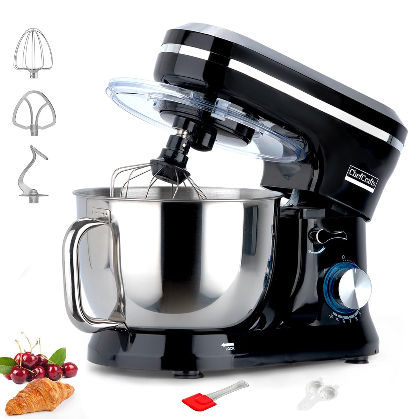 Household Stand Mixer with 6.5 Quart Bowl, Electric Food Mixer 10+p Speeds 660W, Kitchen Tilt-Head Bread Dough and Cake Mixers with Dough Hook, Whisk, Beater, Splash Guard and Egg Separator (Black)