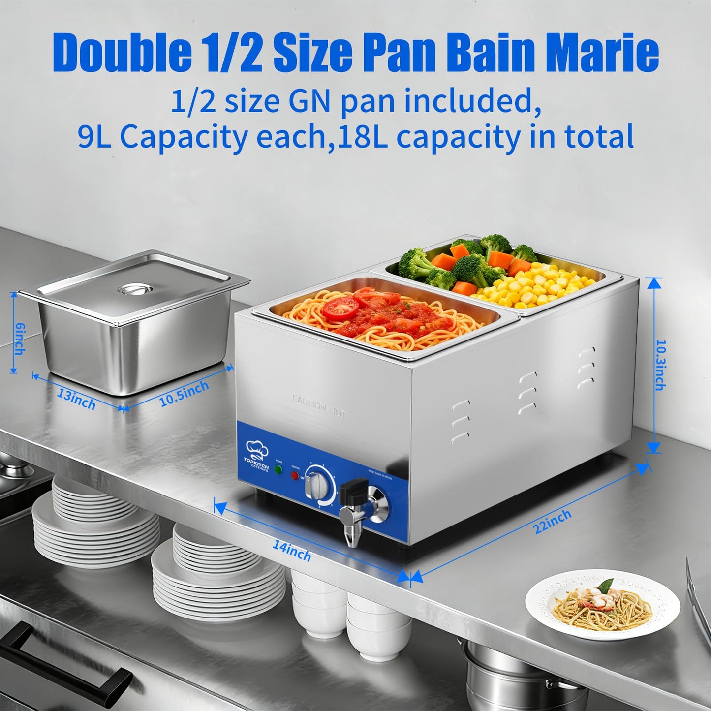 TOPKITCH 2-Pan Commercial Food Warmer with Non-Leakage Stretch-Forming Water Tank &2 of 1/2 Size GN Pan,Countertop Soup Station Bain Marie with Drain Tap for Buffet,Catering,Parties and Restaurants