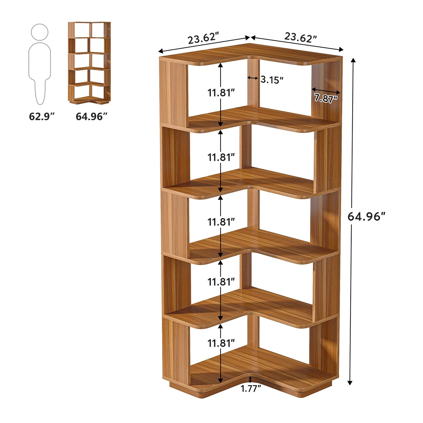 Tribesigns 6 Tier Corner Bookshelf, 64.9 Inches Tall Industrial L Shaped Bookcase with Anti-Drop Panel, Freestanding Wood Grain Shelf Display Rack Storage Organizer for Home Office