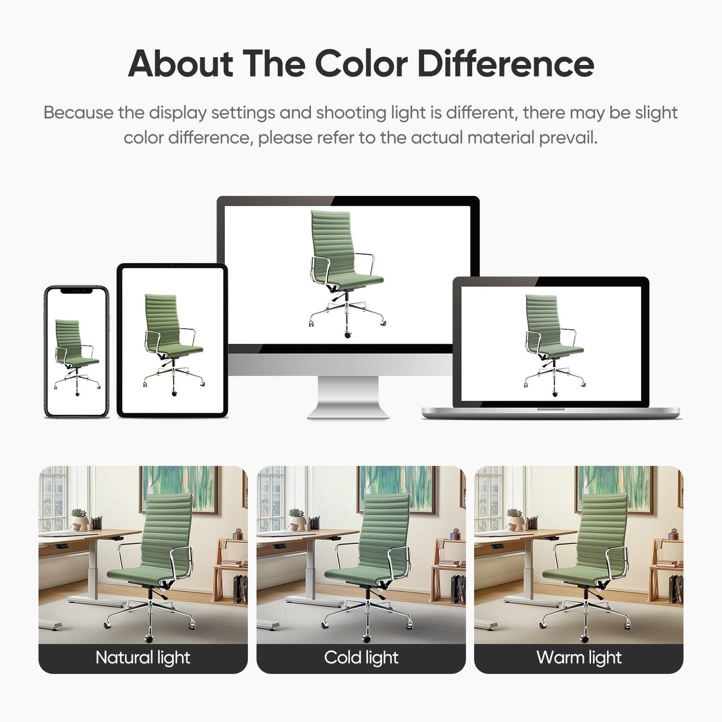 OTDMEL Ribbed Office Chair with Top Grain Leather - High Back Ergonomic Desk Chair with Aluminum Arm Rest and 5-Star Base, Swivel Chairs Light Green