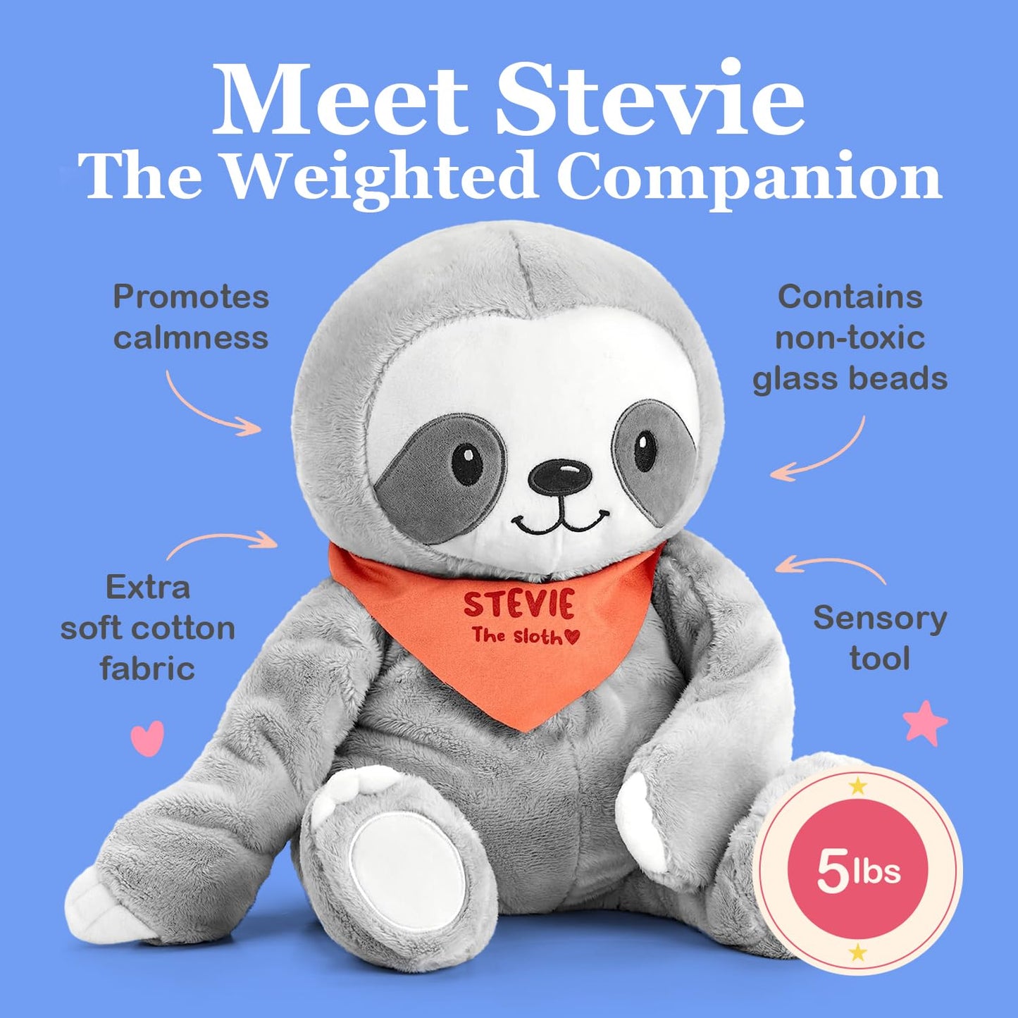 Lilly's Love Weighted Stuffed Animals for Adults & Kids — 5lb Calming Sloth Plush for Anxiety, ADHD & Sensory | Machine Washable Weighted Stuffed Animal w/Removable Insert | Stevie The Sloth
