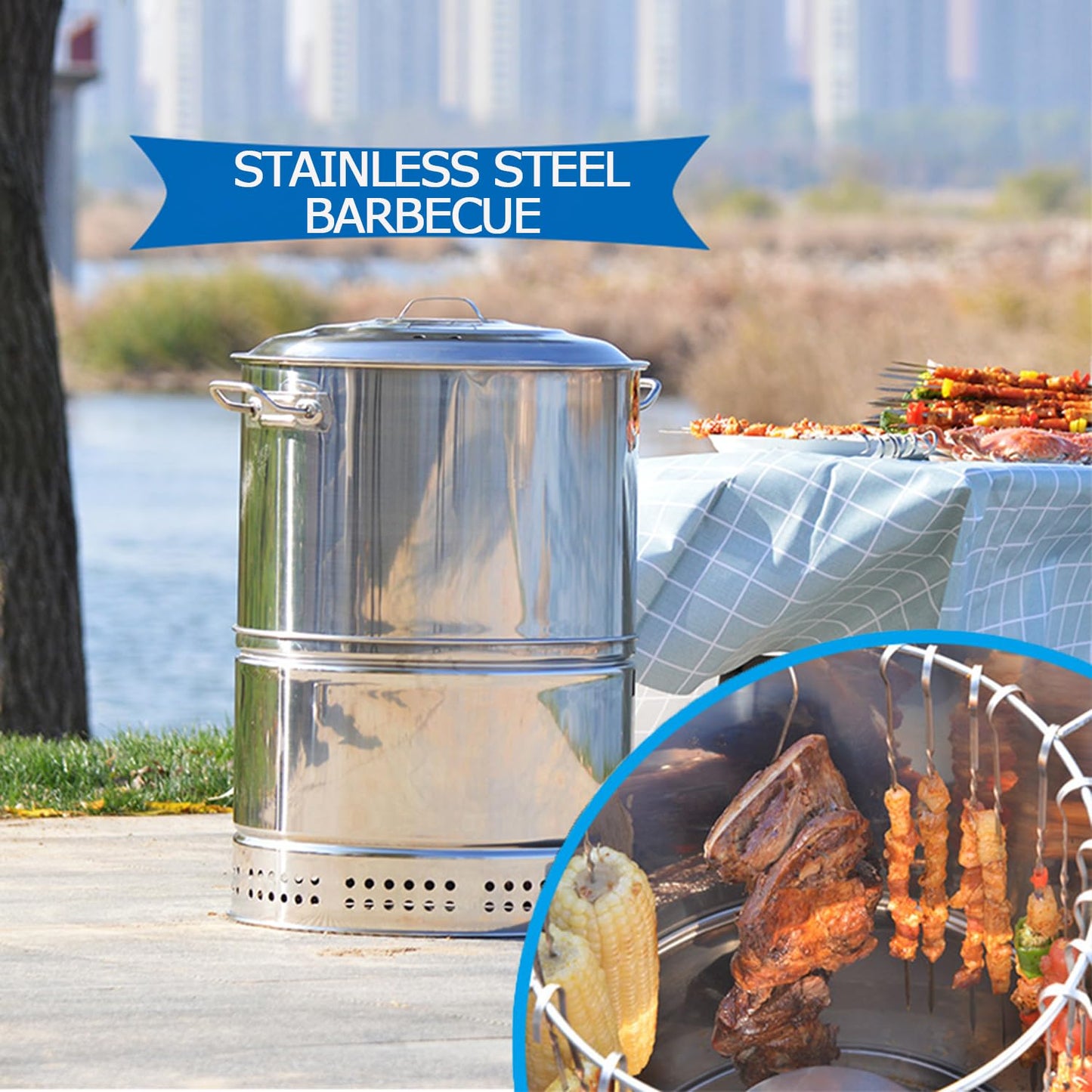 RIIGOOG Large Portable Charcoal Grills, Stainless Charcoal BBQ Grill Barrel 360° Smokeless Outdoor Barbecue Grill for Travel, Outdoor Cooking and BBQ, Camping Grill Picnic Patio Backyard
