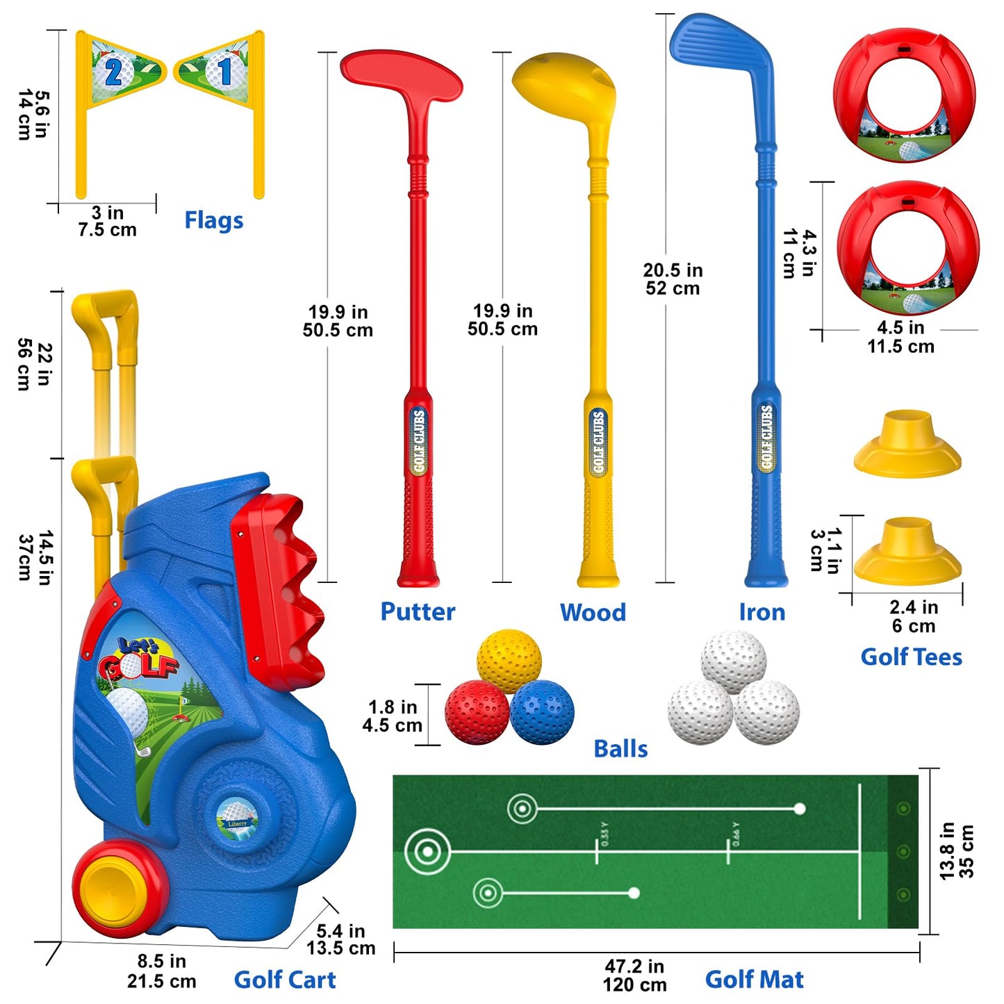Liberry Toddler Golf Set for 2 3 4 Years Old Boys Girls, Upgraded Kids Golf Clubs Set with Cart, Putting Mat, Outdoor Indoor Sports Toy Birthday Gift, Blue