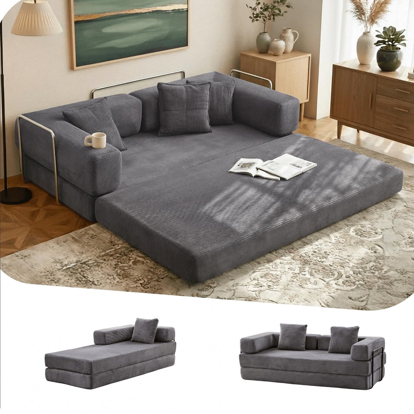 BRITEMART 4-in-1 Folding Convertible Sofa Bed, 77" Floor Couch with Pillow - Corduroy Fabric & High-Density Sponge & Fixed-Shape Frame, Modular Sofa for Living Room/Lounge/Studio, Dark Grey