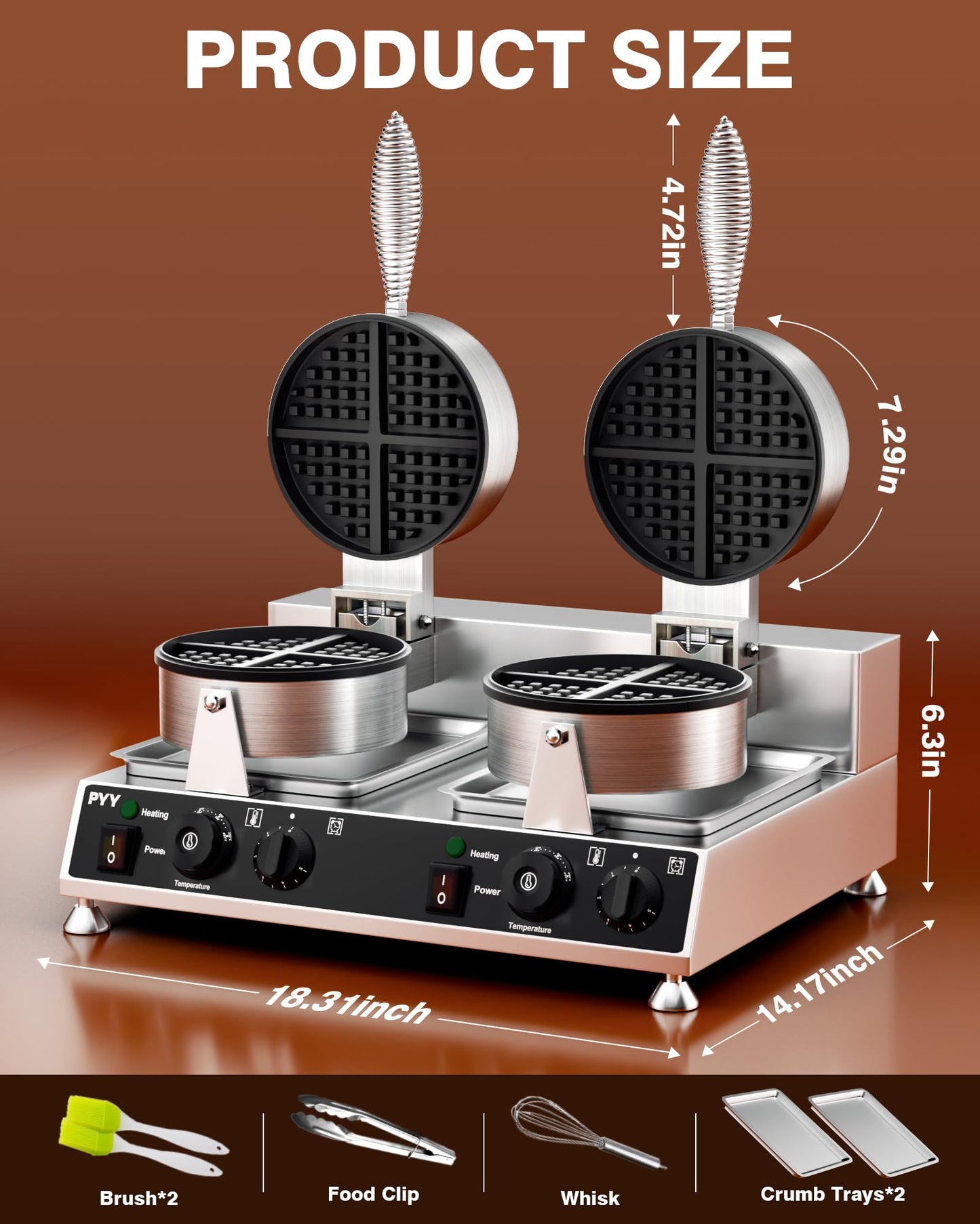 PYY Commercial Waffle Maker - Double Waffle Maker Large Stainless Steel Waffle Maker, Non-stick Electric Chaffle Maker for Restaurant Party Food Stall, 2500W