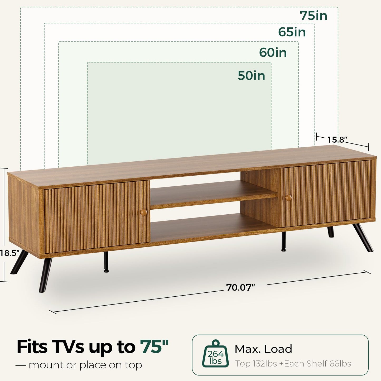 COMHOMA TV Stand for Living Room, Mid Century Modern Entertainment Center for 65/70/75 Inch TVs, Retro Brown TV Console with Fluted Door Cabinets and Open Adjustable Shelve Storage for Bedroom (70In)