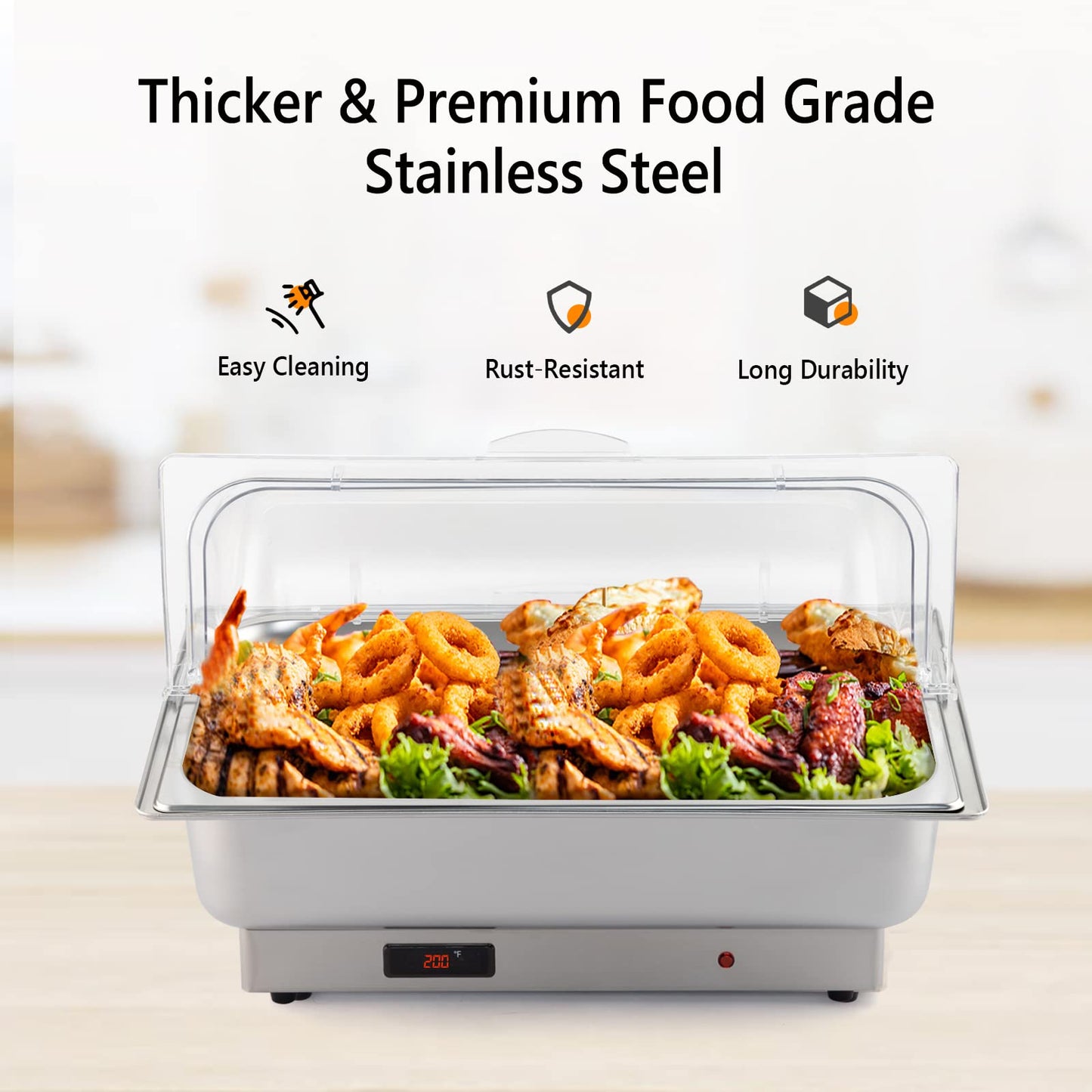 ROVSUN 2 Pack Electric 9 QT Stainless Steel Chafing Dish Buffet Set, NSF Roll Top Catering Chafer Server Food Warmer with Full Size & 2 Detachable Food Pans,Transparent PC Lid for Party Wedding