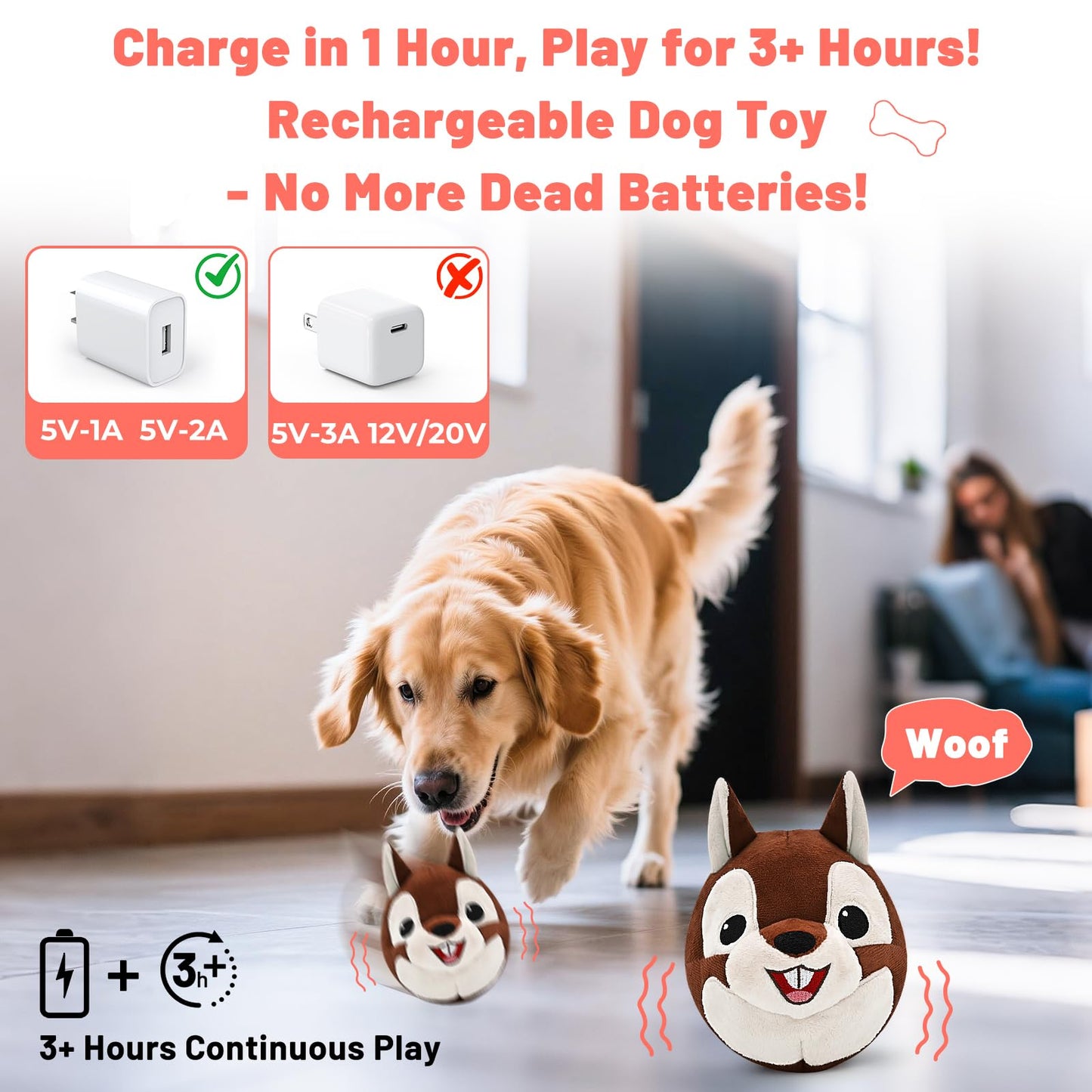 VYsTN Interactive Dog Toys - Auto Bounce, Move & Vibrate with Sound, Talking Squirrel Puppy Toy for Small Medium Large Dogs, Rechargeable Durable Toy for Anxiety Relief, Boredom & Indoor Play