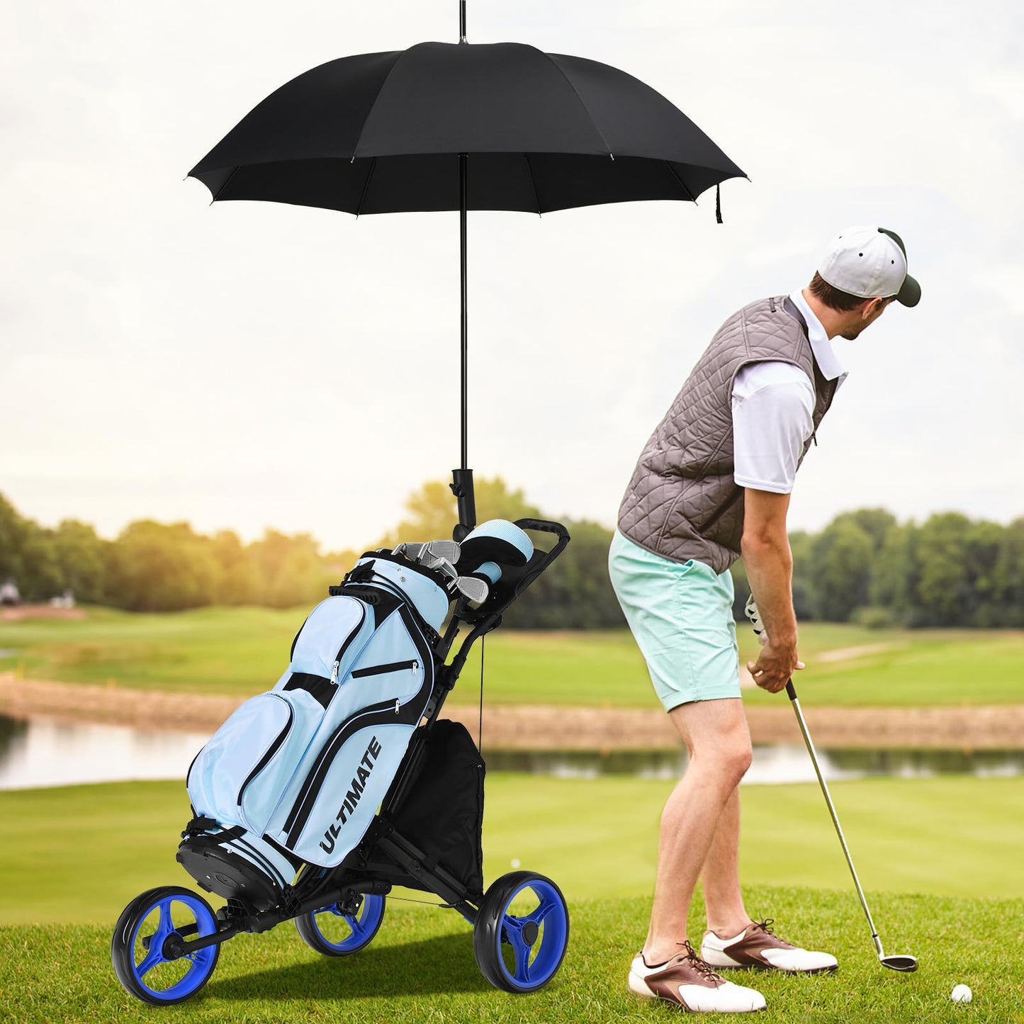 ULTIMATE 3 Wheel Golf Push Cart, Aluminum Folding Golf Walking Push Cart w/Elastic Strap, Umbrella & Cup Holder, Scoreboard Storage, Insulated Storage Bag, Adjustable Handle & Foot Brake (Blue)