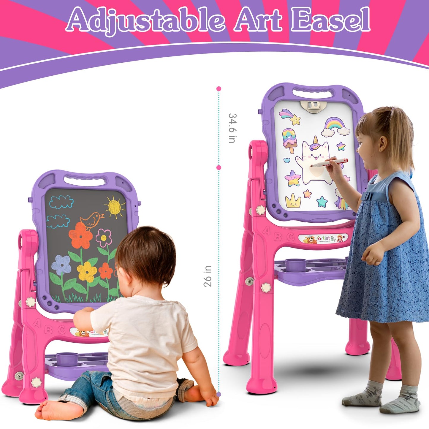 PUPPSITTY Art Easel for Kids - Adjustable Standing Rotatable Double Sided Toddler Easel with Painting Accessories, Birthday Christmas Gift for Little Boys and Girls, Drawing Board Gift for Toddlers