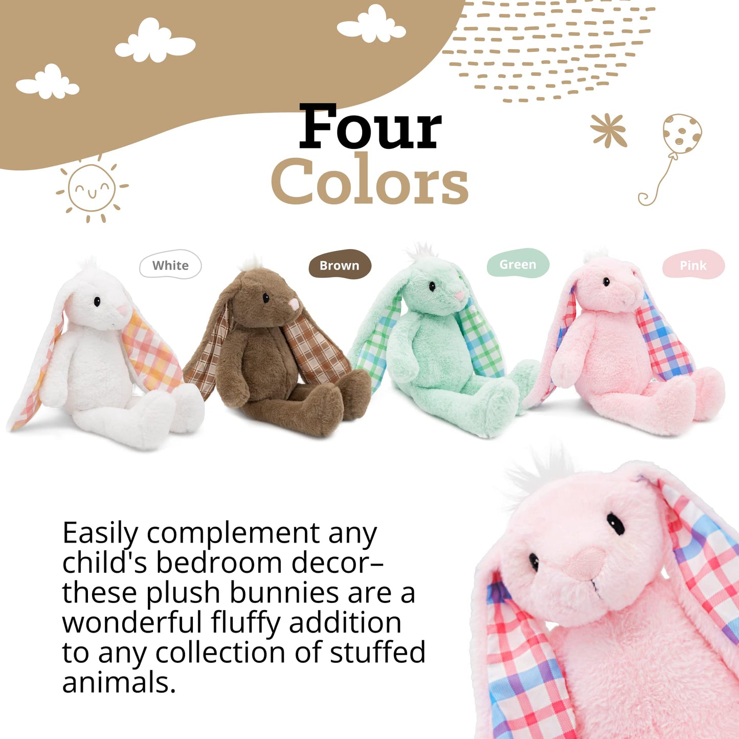 Plushible Easter Bunny Stuffed Animal, 18" (Pink) - Plush, Soft Embroidered Stuffed Bunny Toy for Kids, Newborns, Boys & Girls, Cuddly and Adorable Plush Toys