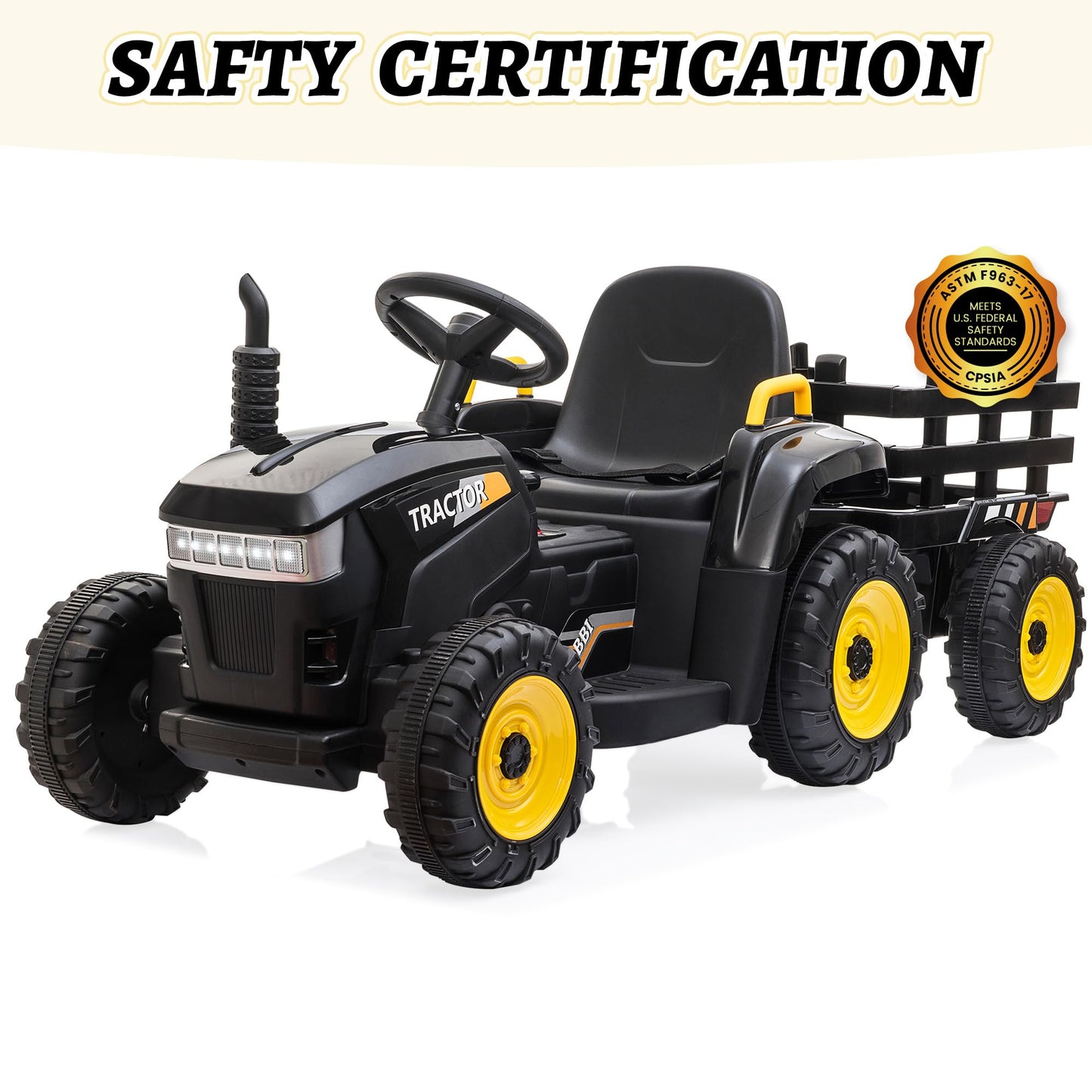 TOBBI Kids Electric Ride On Toy Tractor, Toddlers 12V Battery-Powered Car to Drive, 35W Dual Motor 6-Wheels Trailer Vehicle with 3-Speeds/LED & Horn Functions for Chirdren Aged 3-6-Black