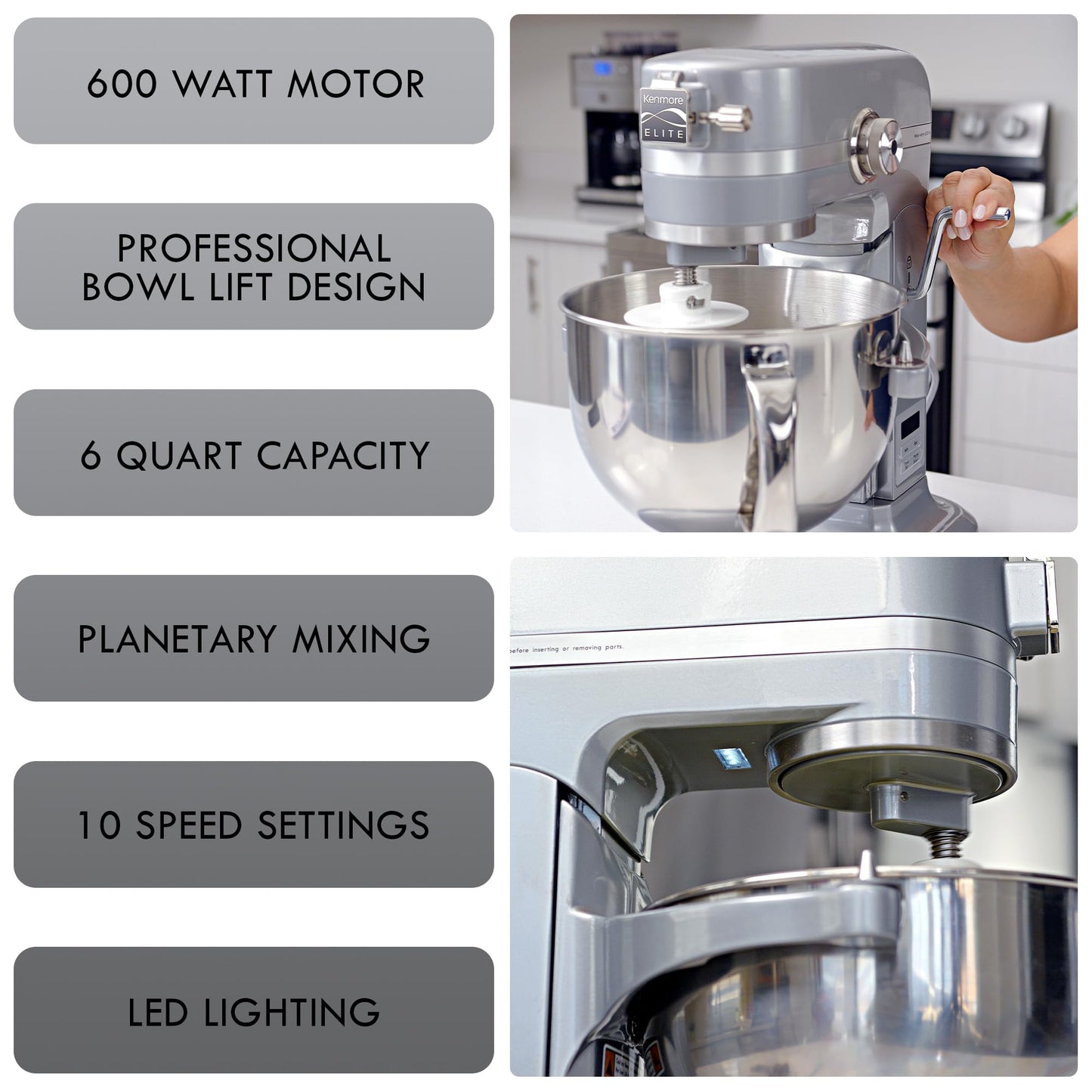 Kenmore Elite Heavy-Duty 6 Qt Bowl-Lift Stand Mixer, 600 Watts, with Flat Beater, Wire Whisk, Dough Hook, Stainless Steel Bowls, LED Light, Digital Countdown Timer, Metallic Grey