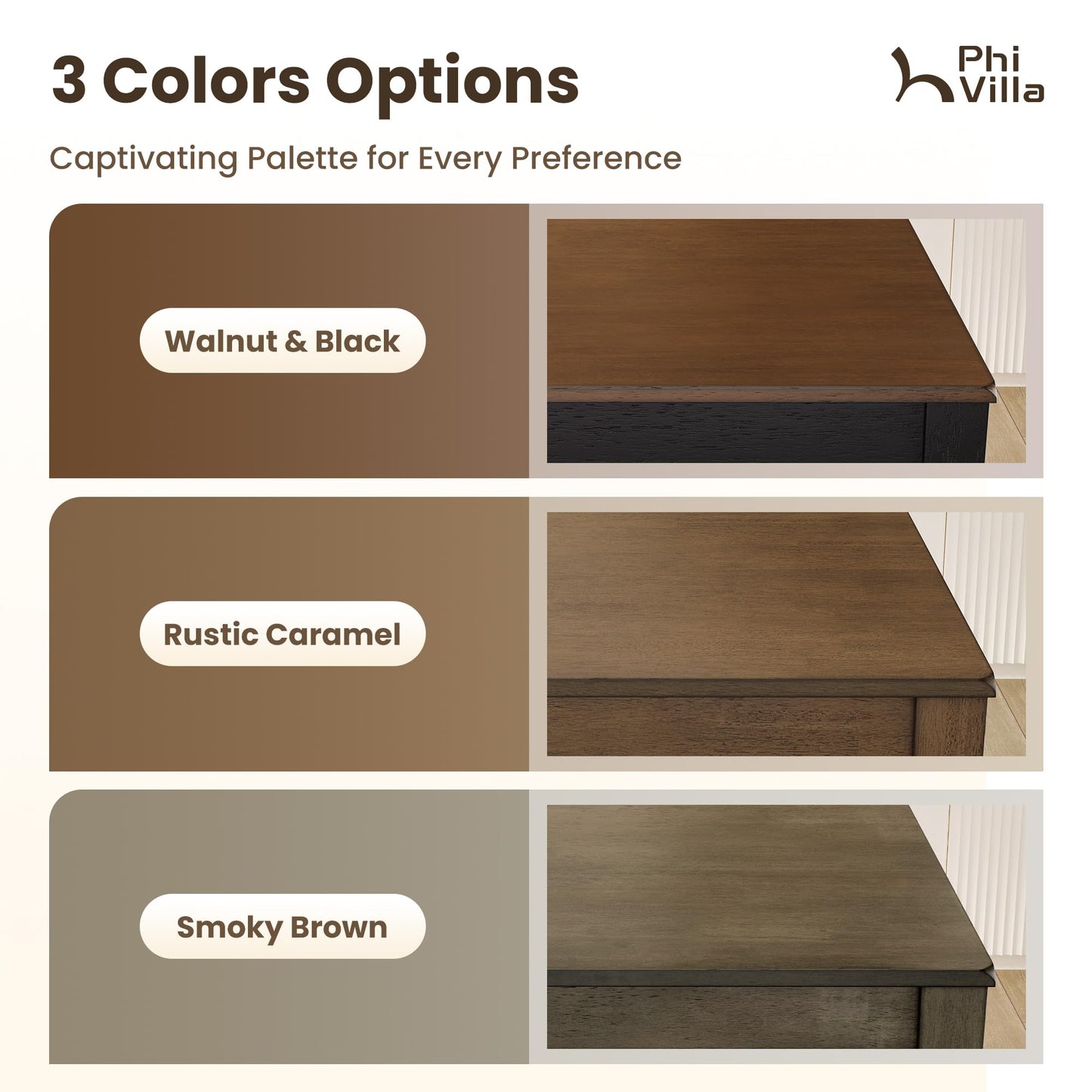 PHI VILLA Counter Height Table and Chairs, Solid Wood Dining Table Set for 4, High Top Kitchen Table Chairs Set of 4, Farmhouse Kitchen Table Set with Bench and Chairs, Smoky Brown