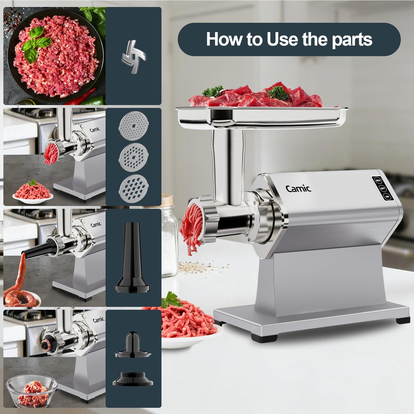 Camic Electric Meat Grinder - 300W Sausage Stuffer for Home Kitchen Use Meat Mincer with Stainless Steel 3 Plates, 1 Blade, Sausage Tube, Kubbe Maker