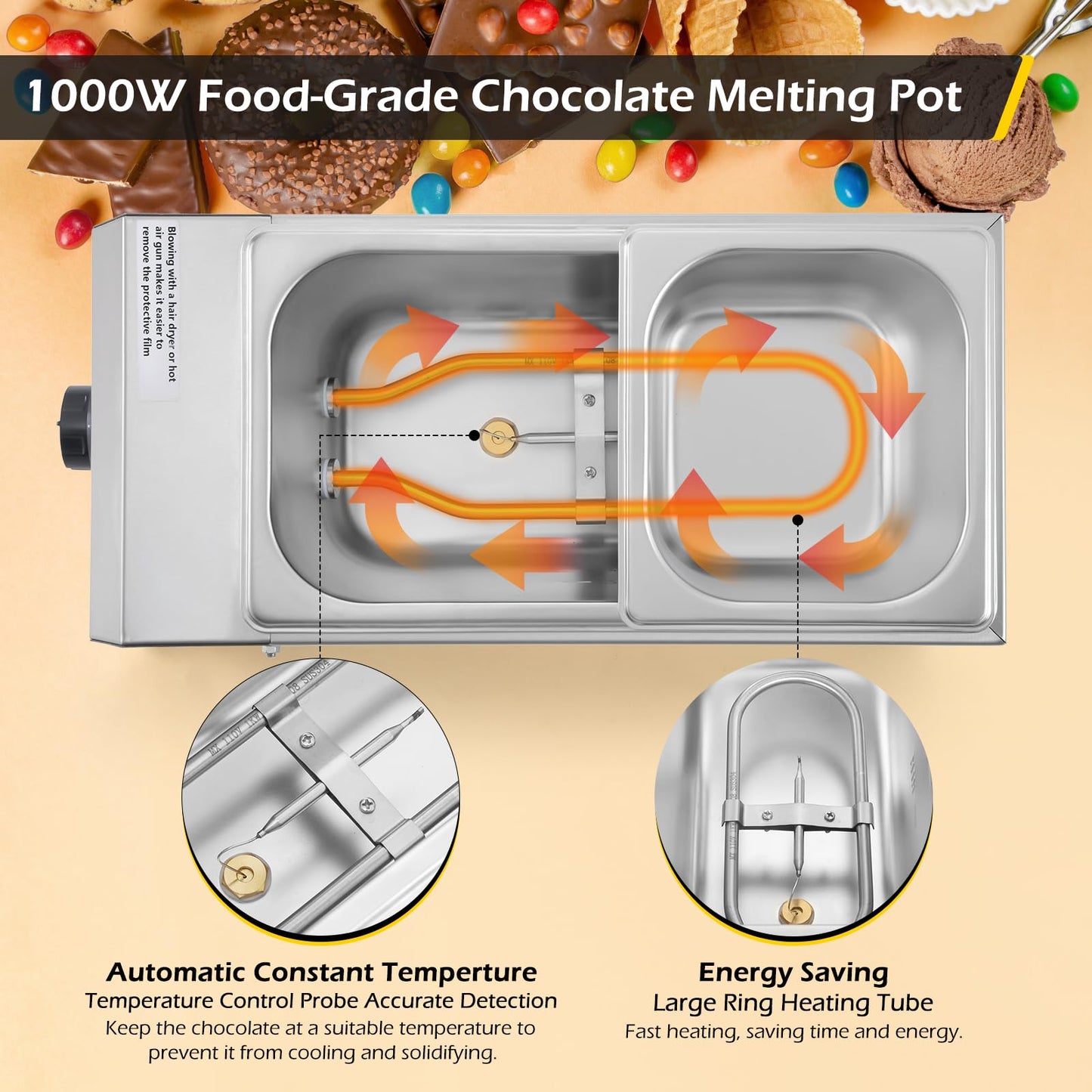Dyna-Living Single Head Commercial Waffle Maker 1200W & 2-Tanks Commercial Chocolate Tempering Machine Chocolate Tempering Pot