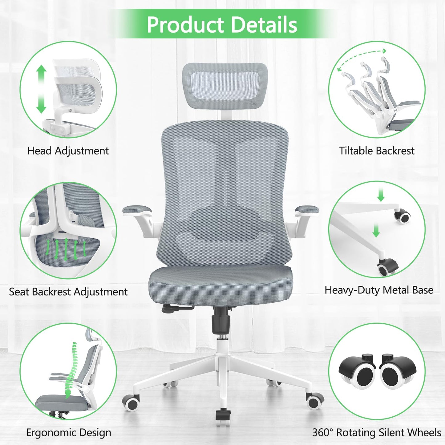 balmstar Ergonomic Office Chair Desk Chair - Mesh Computer Chair with 360° Swivel Wheels, Adjustable 90-130° Recline & Lumbar Support for Home Office, Supports up to 350lbs