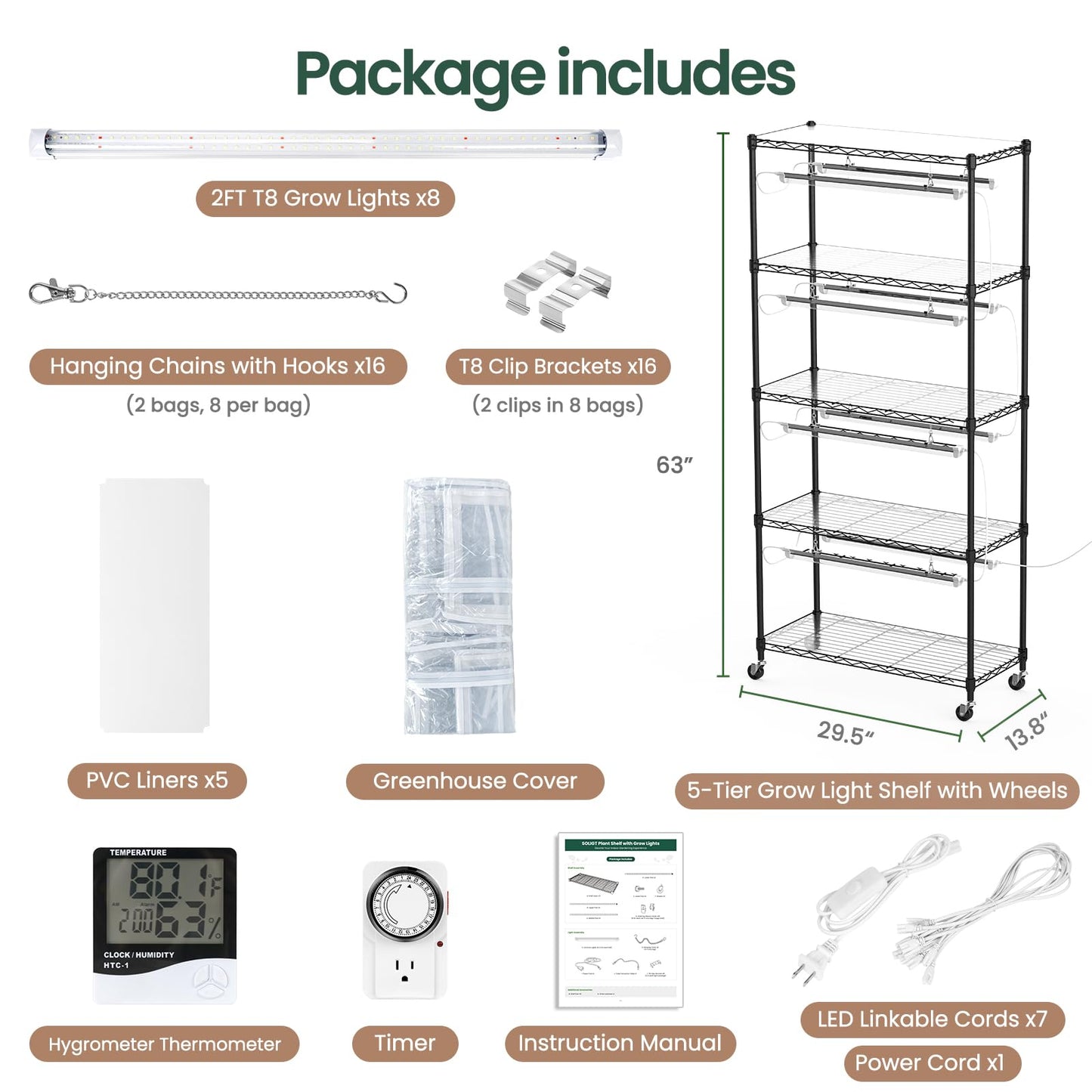 SOLIGT Indoor Greenhouse with Grow Lights - 5 Tier Plant Shelf & 8 x 2FT 6000K Full Spectrum Lights, Thick PVC Cover, Mesh Ventilation, Mini Small Greenhouse Cabinet for Seed Starting Seedlings Growth