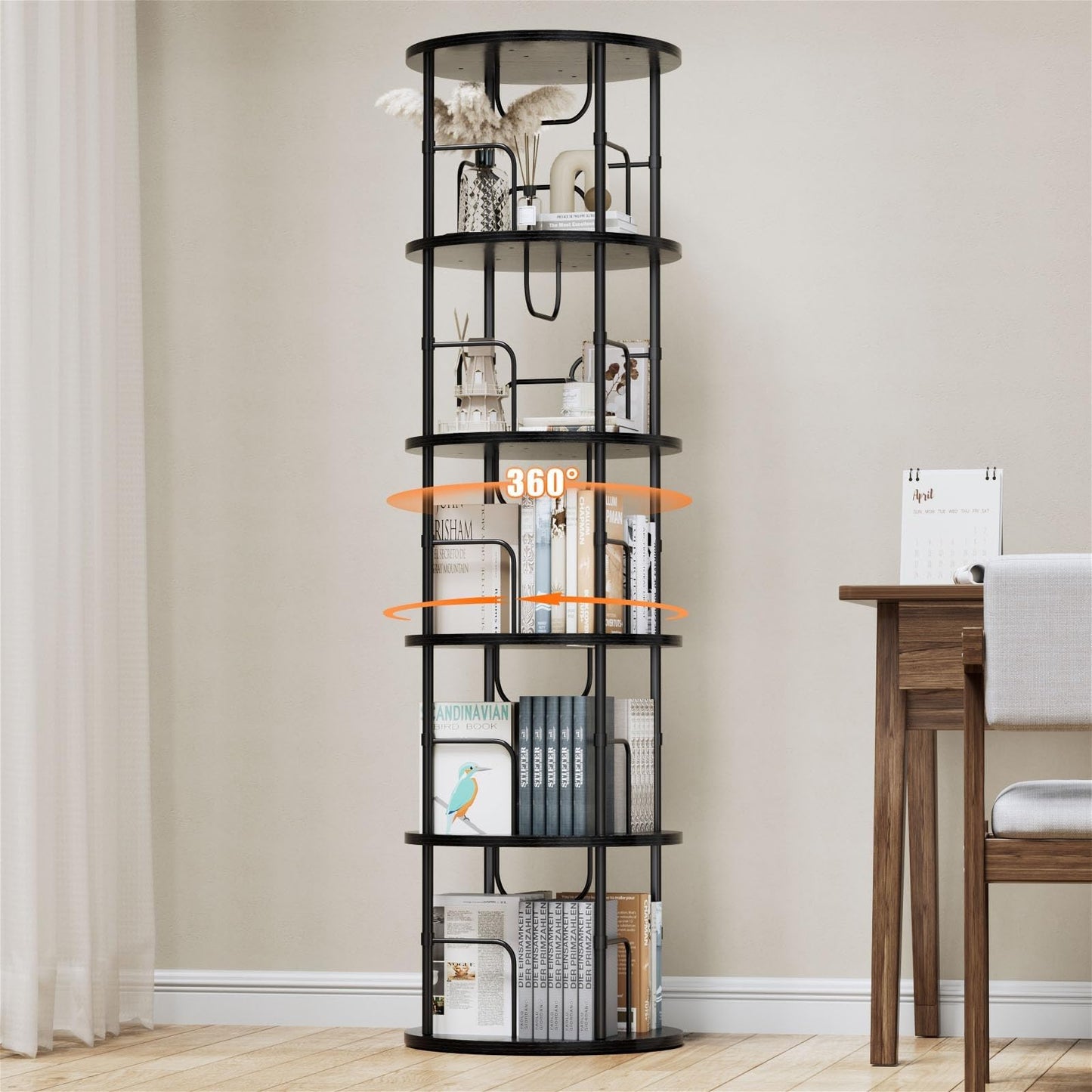 ALLSTAND 5 Tier Rotating Bookshelf, 360 ° Display Stackable Spinning Bookshelf Tower, Corner Bookshelf Tall Floor Standing Swivel Bookcase Narrow Storage Organizer for Bedroom, Living Room, Black