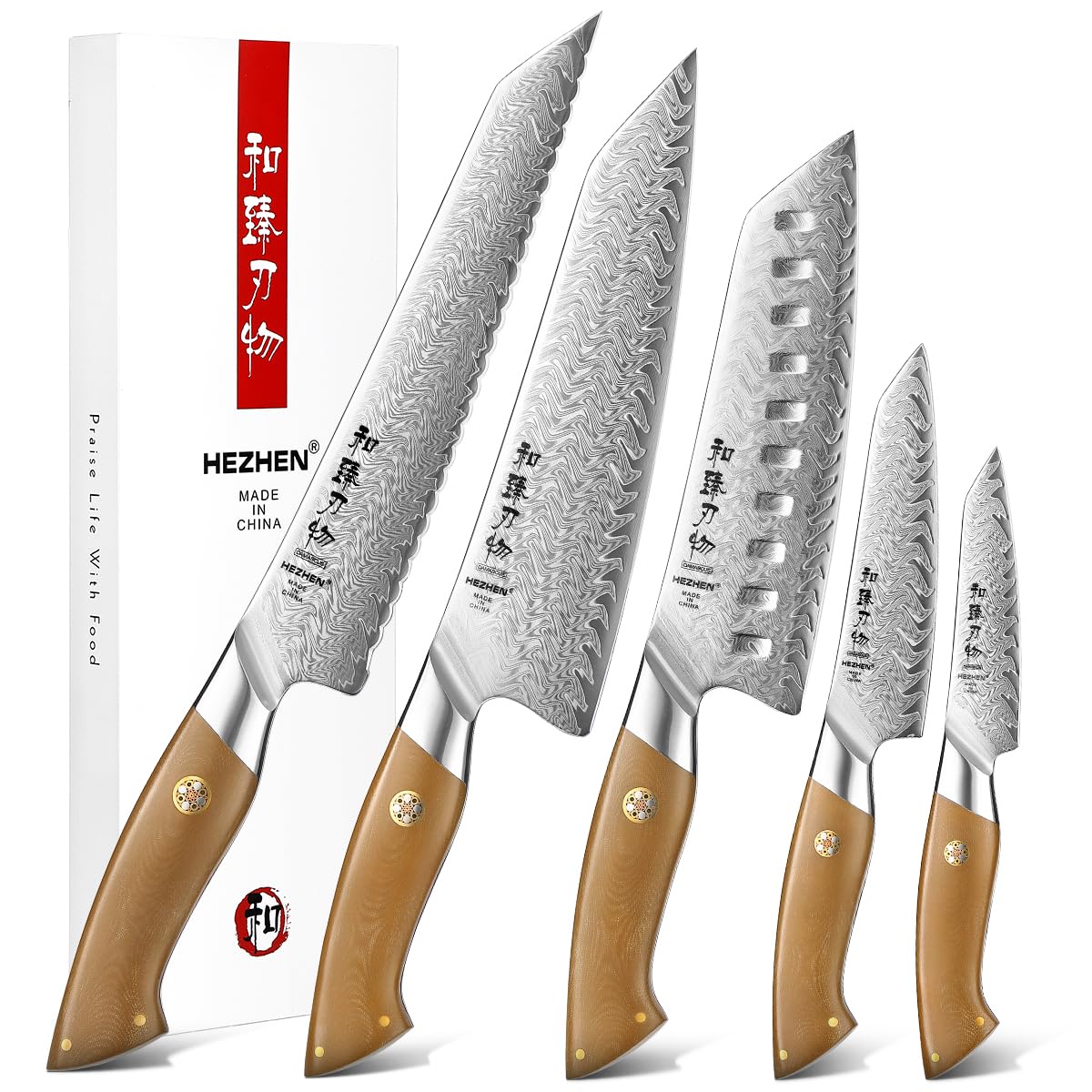 HEZHEN Chef Knife Set, 5 Pieces, 67 Layers Damascus Steel Kitchen Knife Set, ltra-sharp Blade, Professional Knife Sets for Chefs and Home Cooking, Linen Micarta Handle, Gift Packing