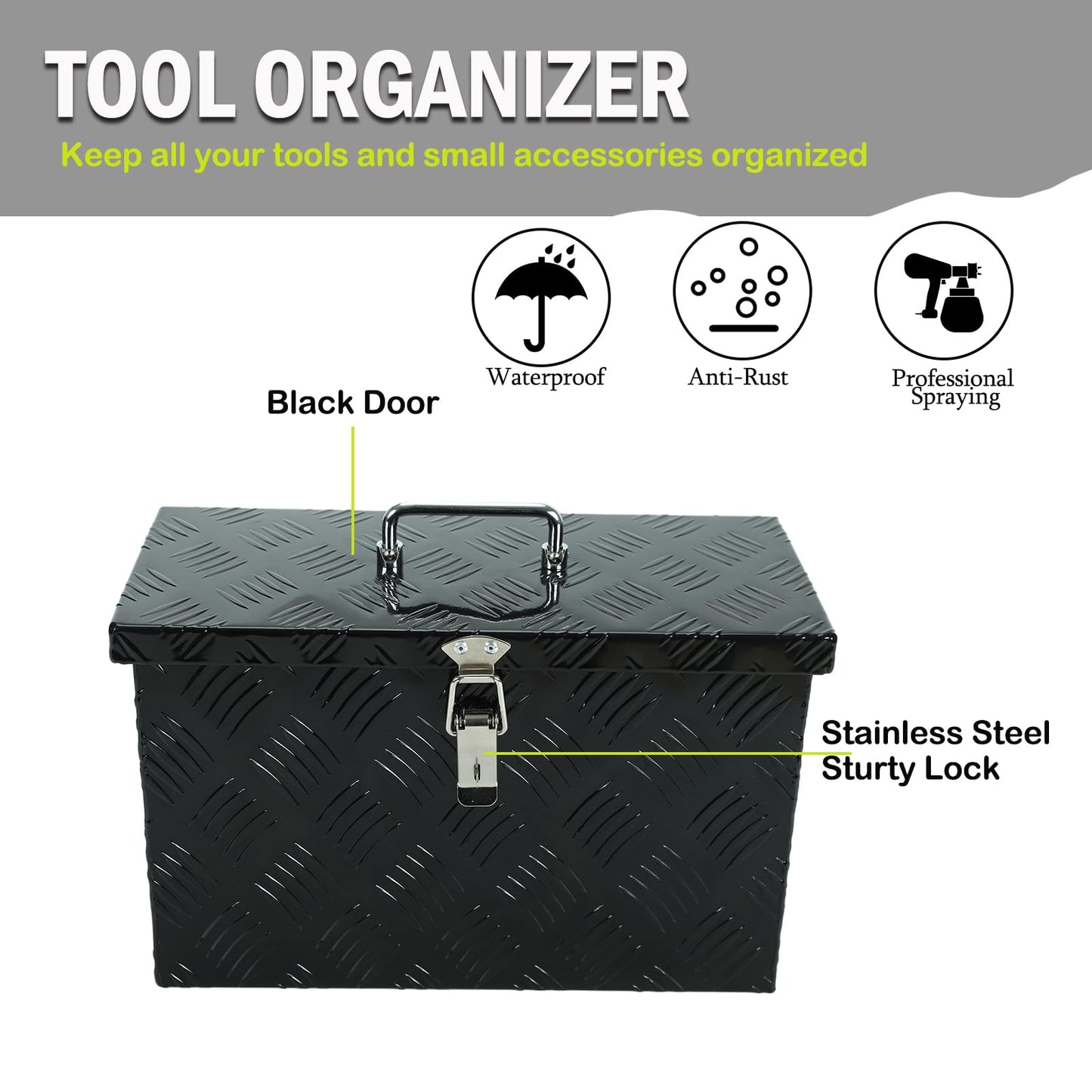caqeg 16 Inch Heavy-Duty Aluminum Truck Tool Box with Stripe Tread Design – Waterproof, Rustproof Storage Organizer for Pickup Trucks, Trailers, and RVs – Black
