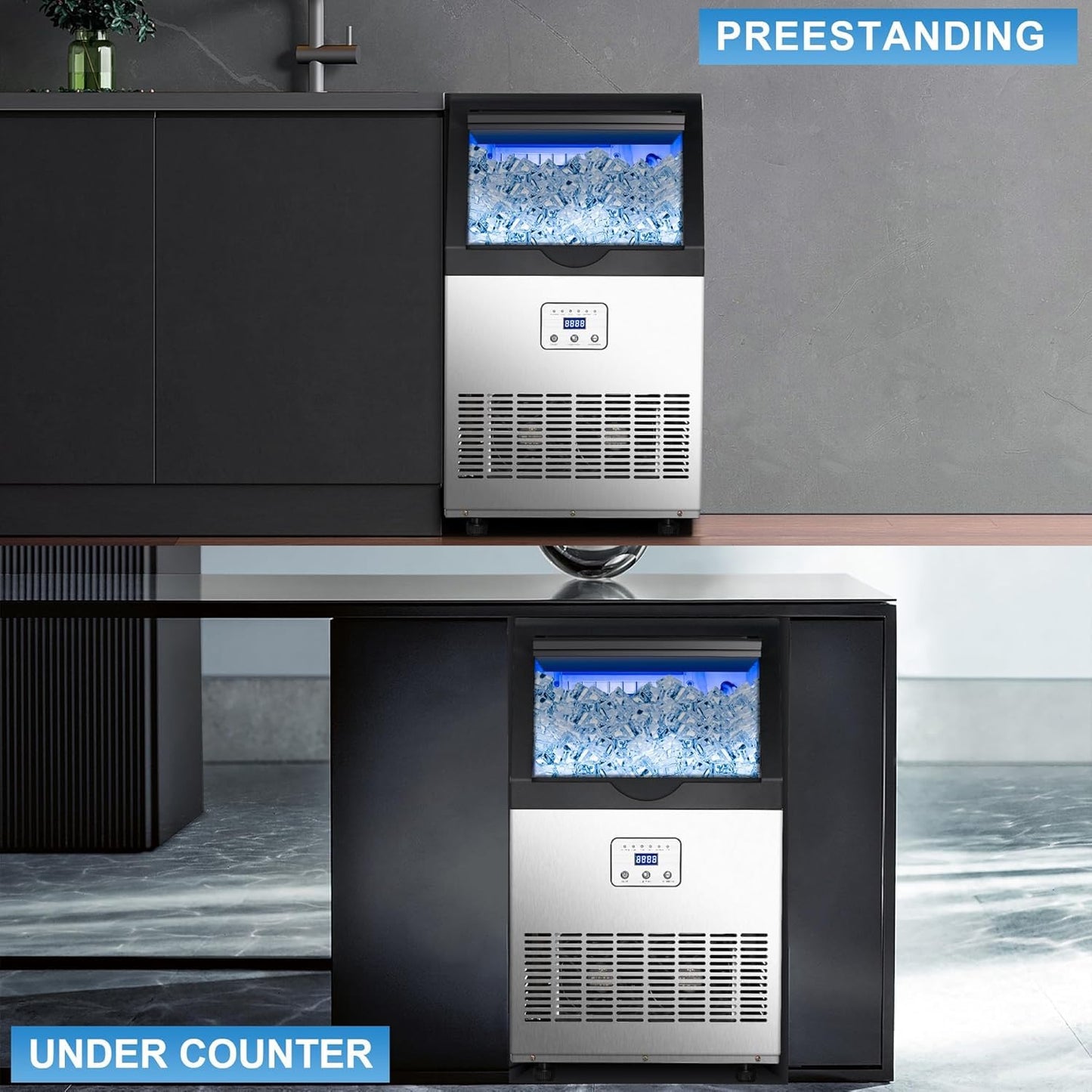 Zomagas Ice Maker,110LBS/24H Commercial Ice Machine Stainless Steel Ice Maker Machine with 25LBS Capacity,45 Ice Cubes in 12-15 Minutes,Self-Cleaning,Ideal for Restaurant,Bars,Home,Includes Scoop