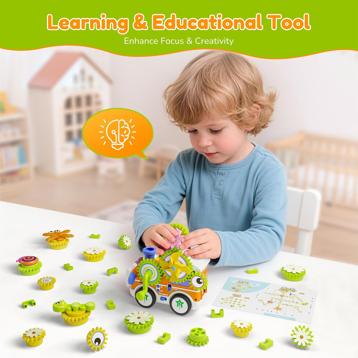Gears Building Toys for Kids Ages 3+, STEM Construction Set for Toddlers, Train and Flower Models with Electric & Manual Modes, Lights and Music, DIY Educational Learning Toys Gift for Boys and Girls