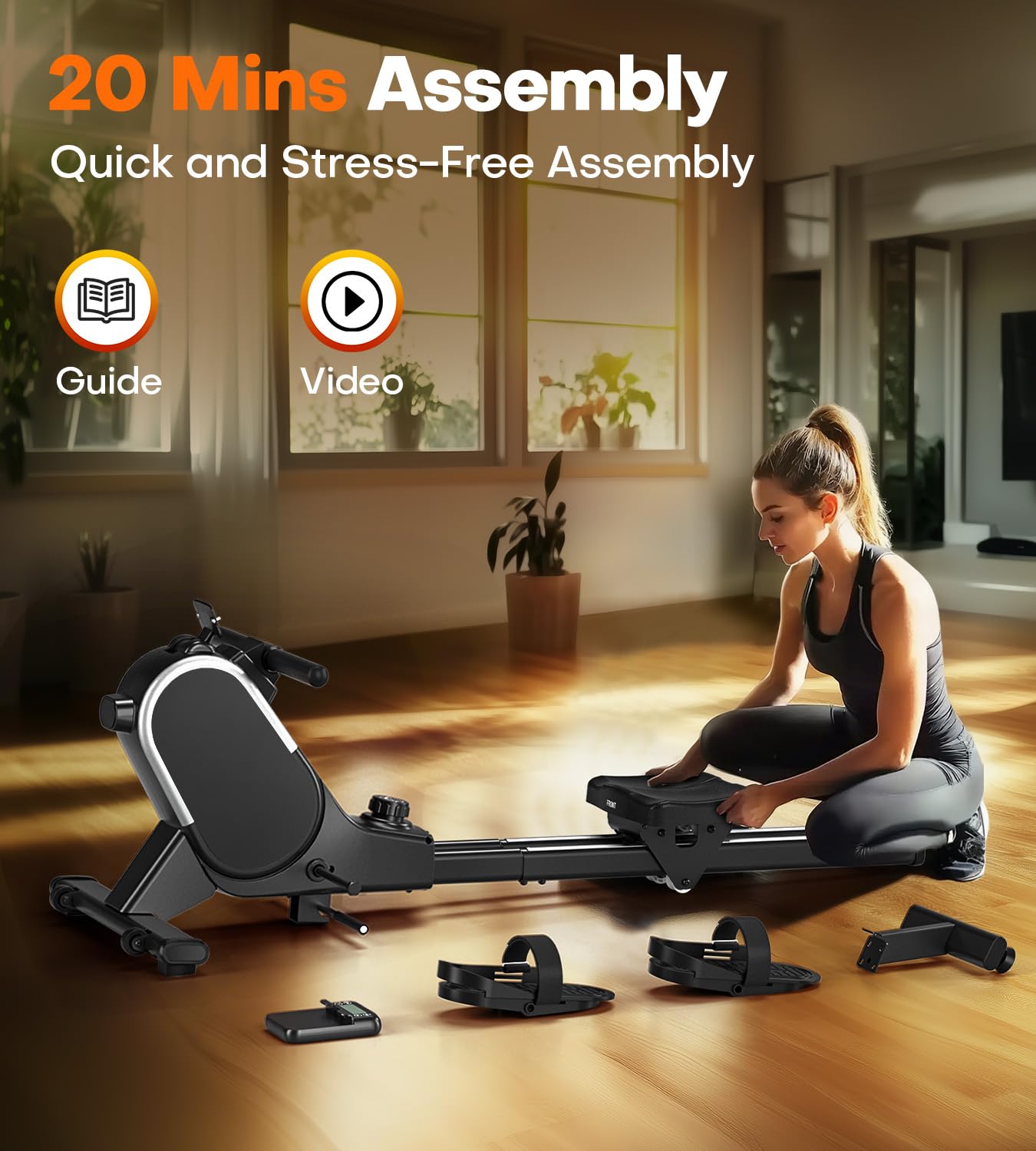 Rowing Machines for Home, MOSUNY Magnetic Rowing Machine, 16-Level Adjustable Resistance, 350 lb Weight Capacity, Upgraded Dual Slide Rails with Data Display Screen