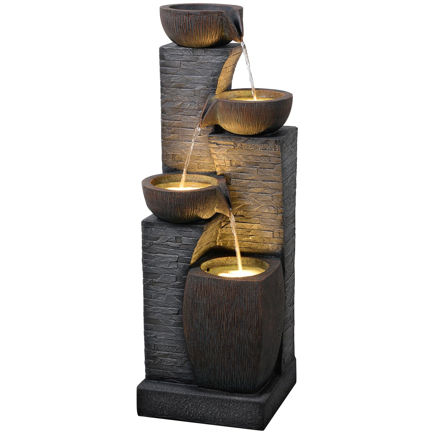 KAISOKU 38.2" Tall Outdoor Water Fountain,Stone Texture Modern 4 Tiers Cascading Bowls Garden Fountains Outdoor,Suit for Patio, Deck, Porch, Lawns, Backyard and Home Art Decor