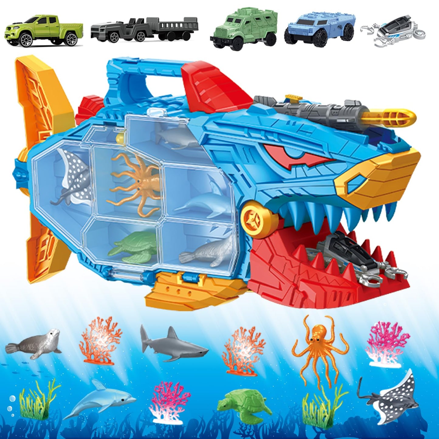 Frontoytall Shark Toy & Deep Sea Creatures Ocean Animal Toys with Truck Cars, 18 Piece Educational Playset for Kids Ages 3+ Years Old, Indoor & Outdoor Play, Preschool Learning Bath for Boys Girls