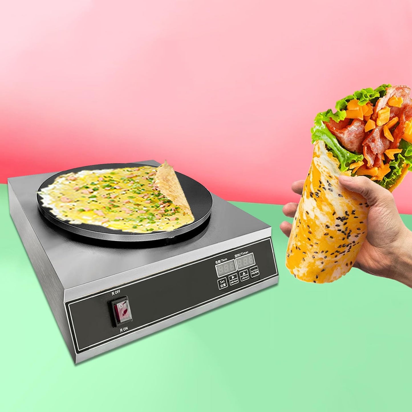 Commercial Electric Crepe Maker, 16" Non-Stick 2000W Crepe Machine Adjustable Temperature Control, Thickened Cast Iron Cooking Surface Pancakes Maker Griddle with Handle