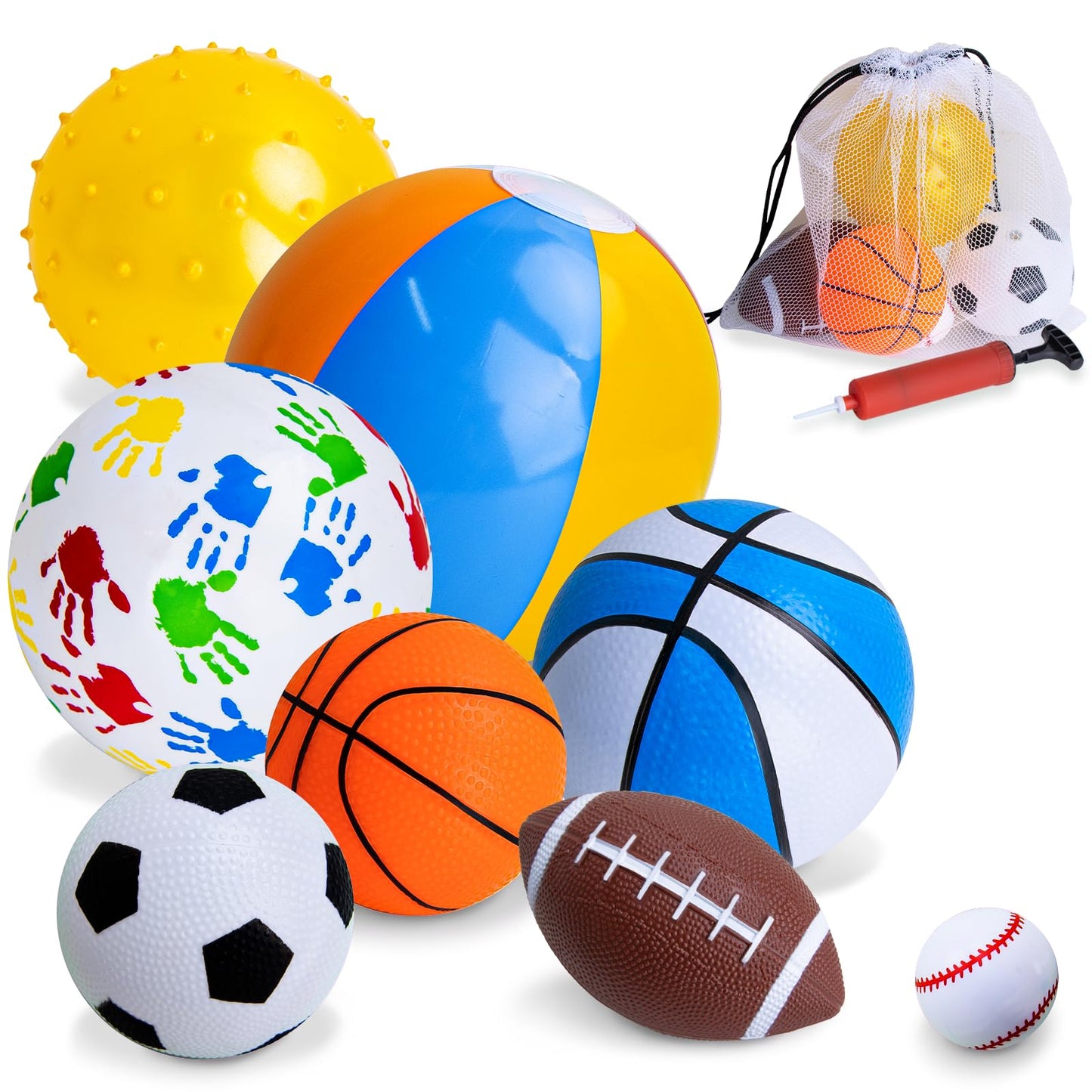 teytoy Set of 8 Sports Balls for Toddlers 1-3,Toddler Outdoor Toys,Soft Indoor Outdoor Ball Toys Boys Girls Kids Baby Ball-Basketball Baseball Football Rugby Bounce Ball Beach Ball with Free Bump/Bag